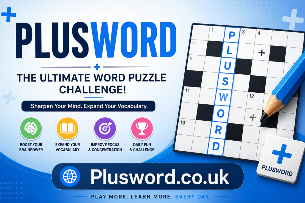 A screenshot of a Plusword puzzle grid showing crossword clues and a color-coded letter bank.