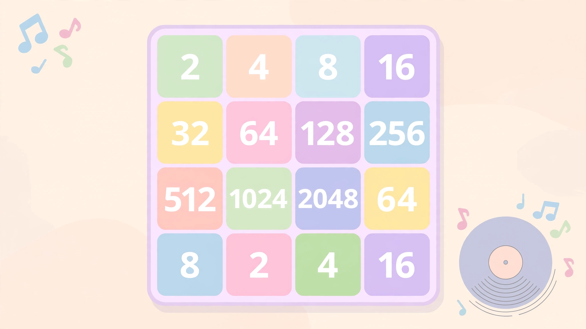 Flat illustration of a 2048 tile grid with music-themed tiles on a pastel background