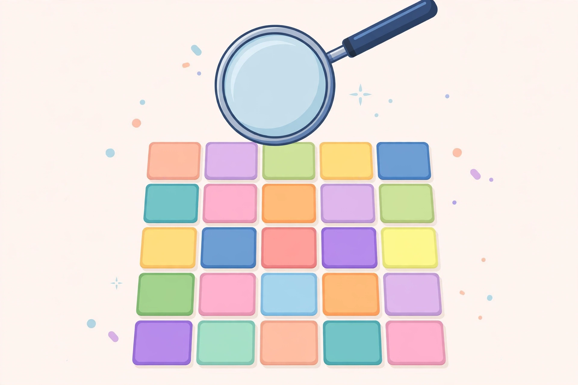 A magnifying glass hovering over a grid of colorful blank letter tiles, flat design graphic with no text