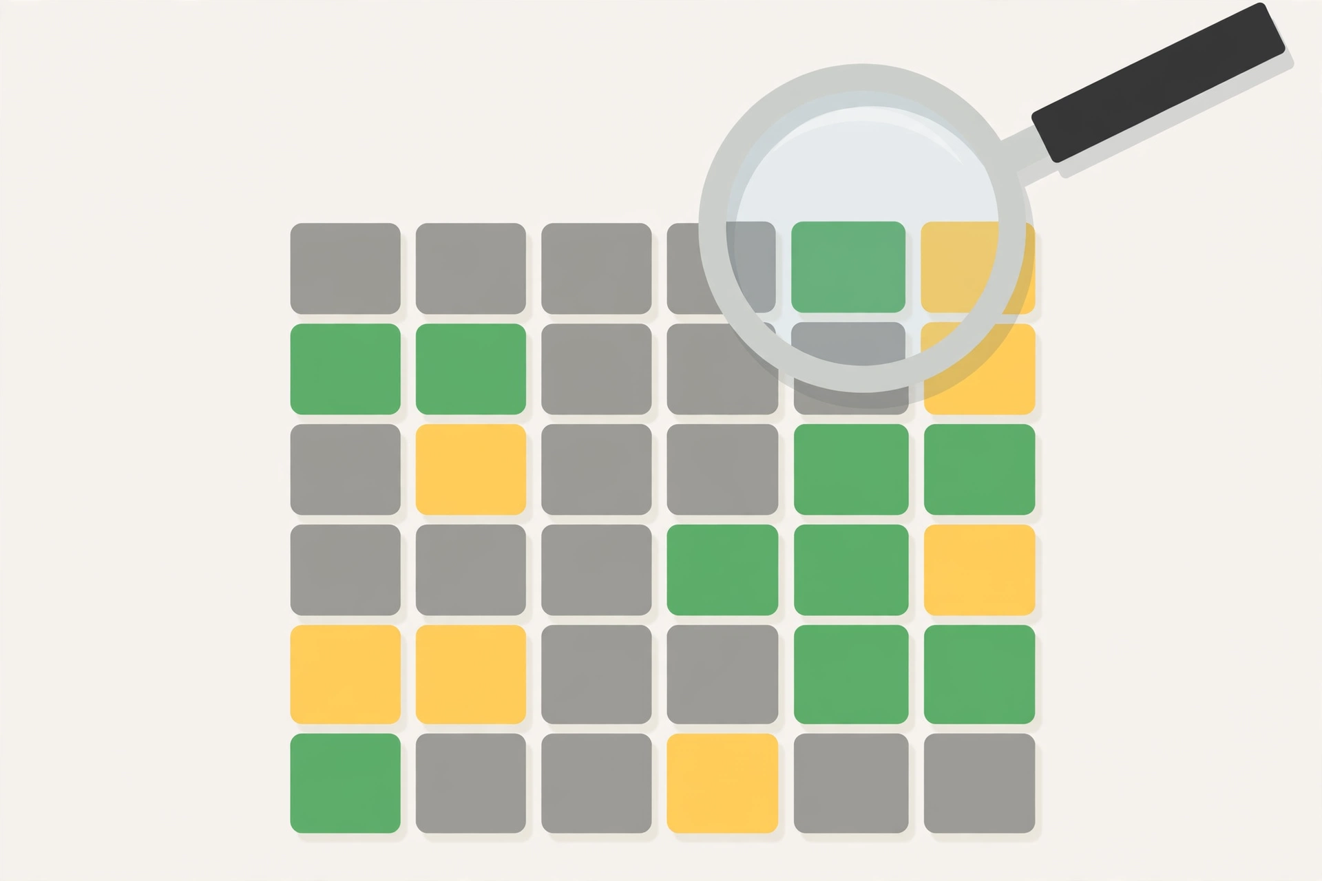 Flat design graphic of a Wordle style letter grid with green yellow and grey tiles and a magnifying glass, no text