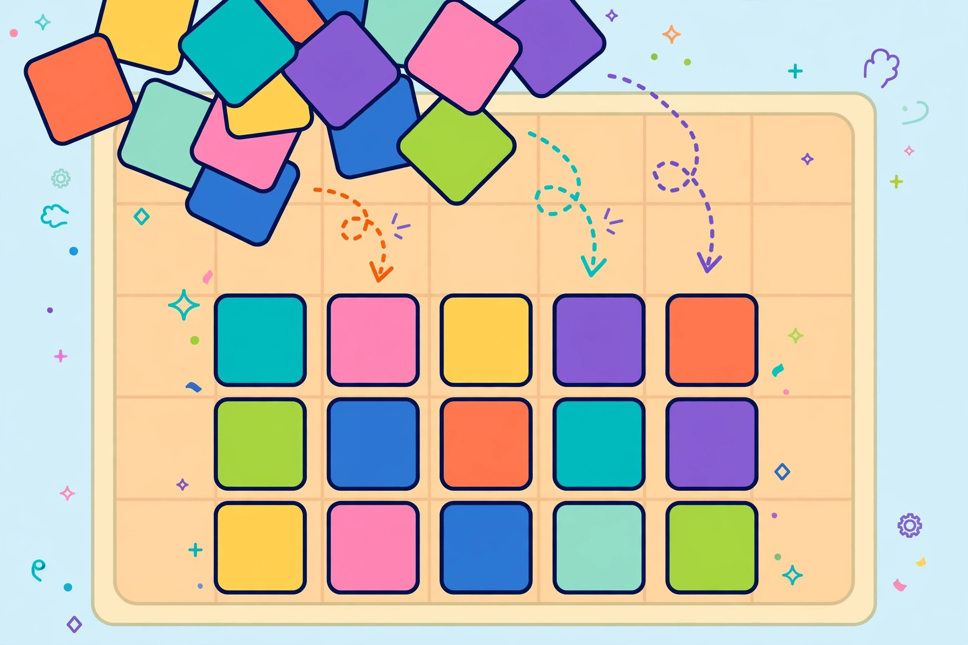 Scrambled letter tiles rearranging into words on a puzzle game board, flat design illustration with no text