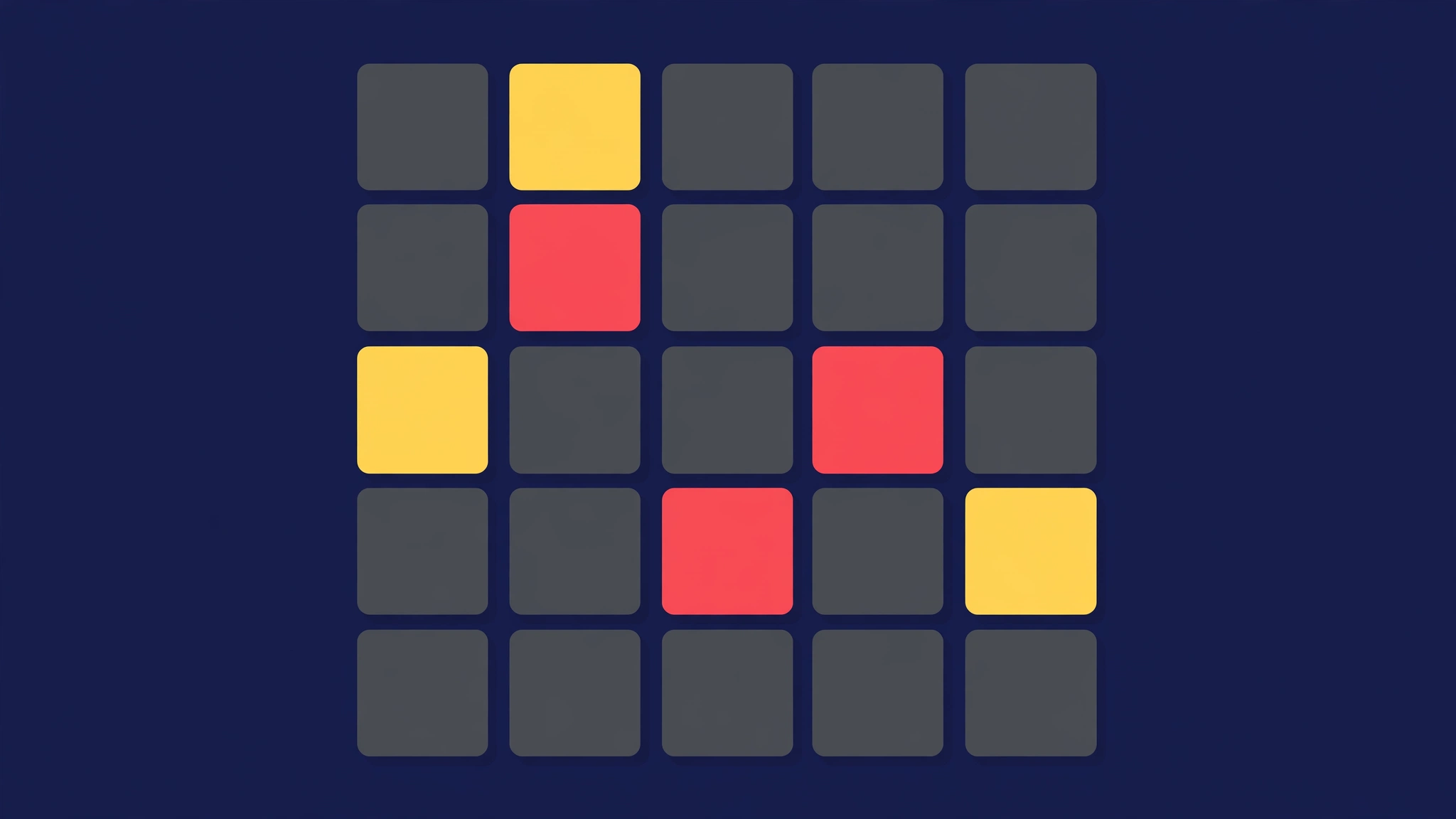 Antiwordle word game grid with mostly gray tiles and scattered red and yellow letter tiles on dark background