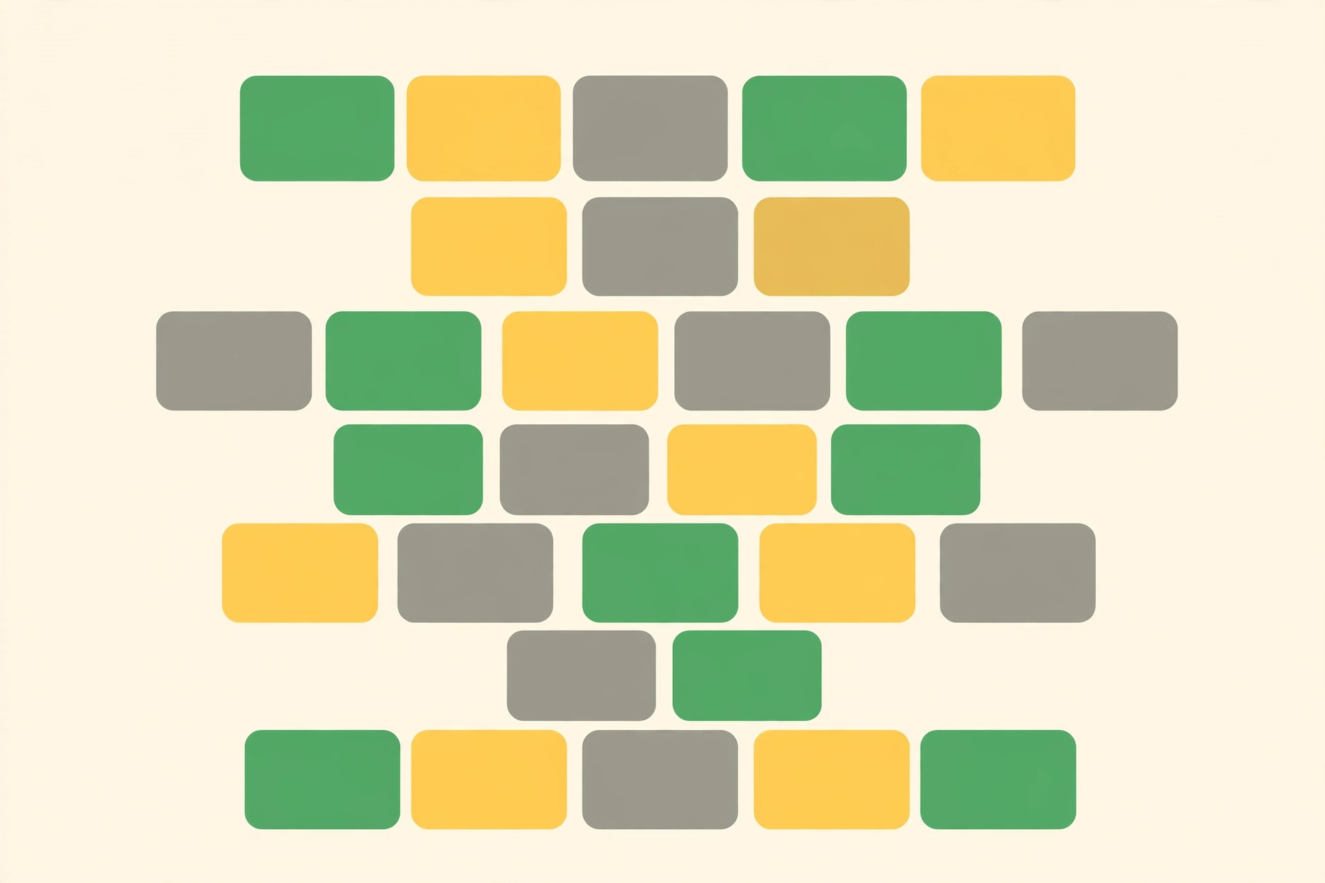 Rows of green, yellow and gray letter tiles in different row lengths forming a word puzzle game illustration, flat design with no text
