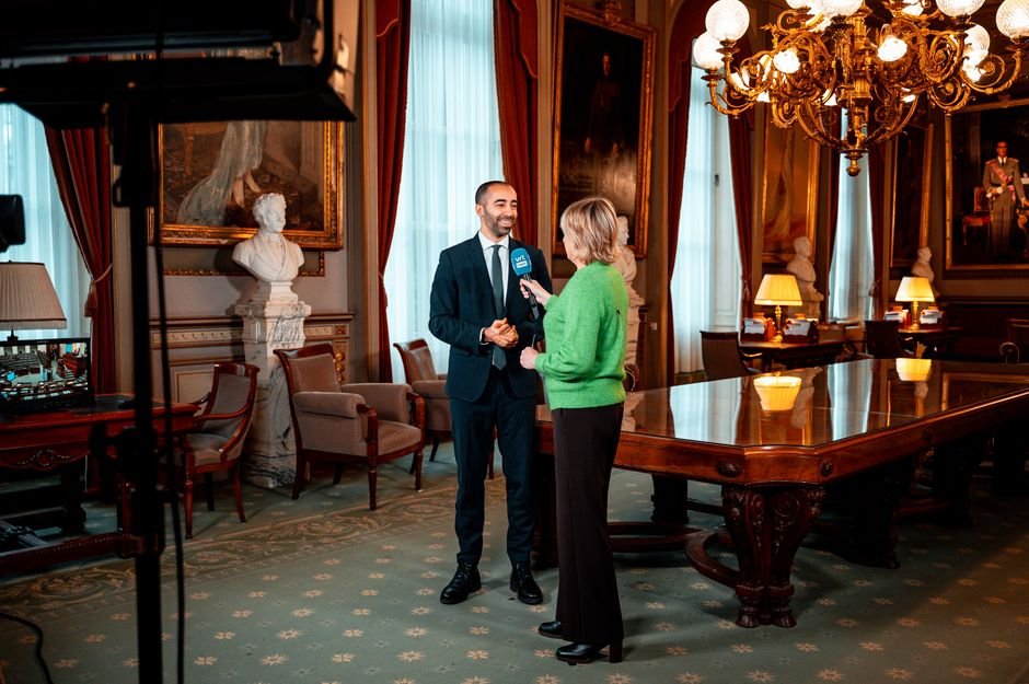 Lucy Williamson conducting an interview on a BBC program