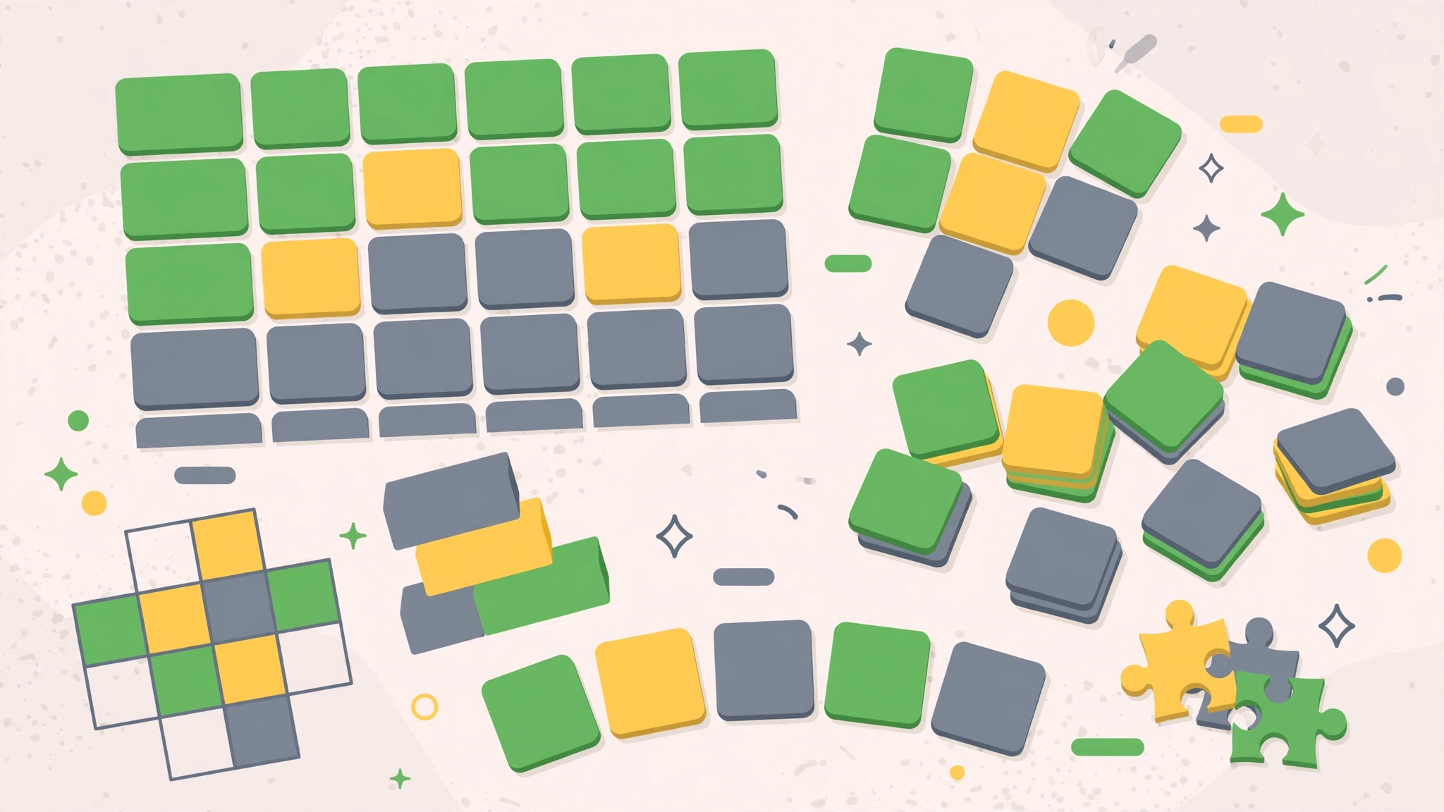 Collage-style illustration of colourful Wordle-style game tiles and word puzzle grids