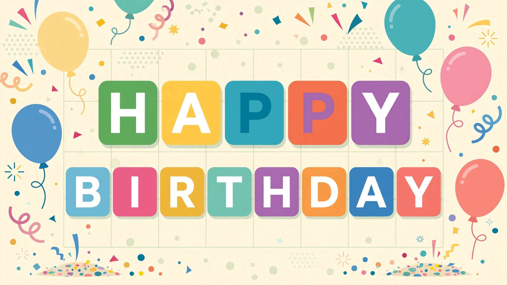 Flat-design illustration of Wordle letter tiles spelling a birthday message with balloons and confetti