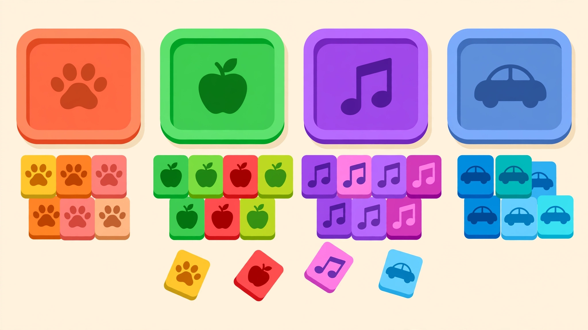 Blockword puzzles — sorting colorful word blocks into category tiles