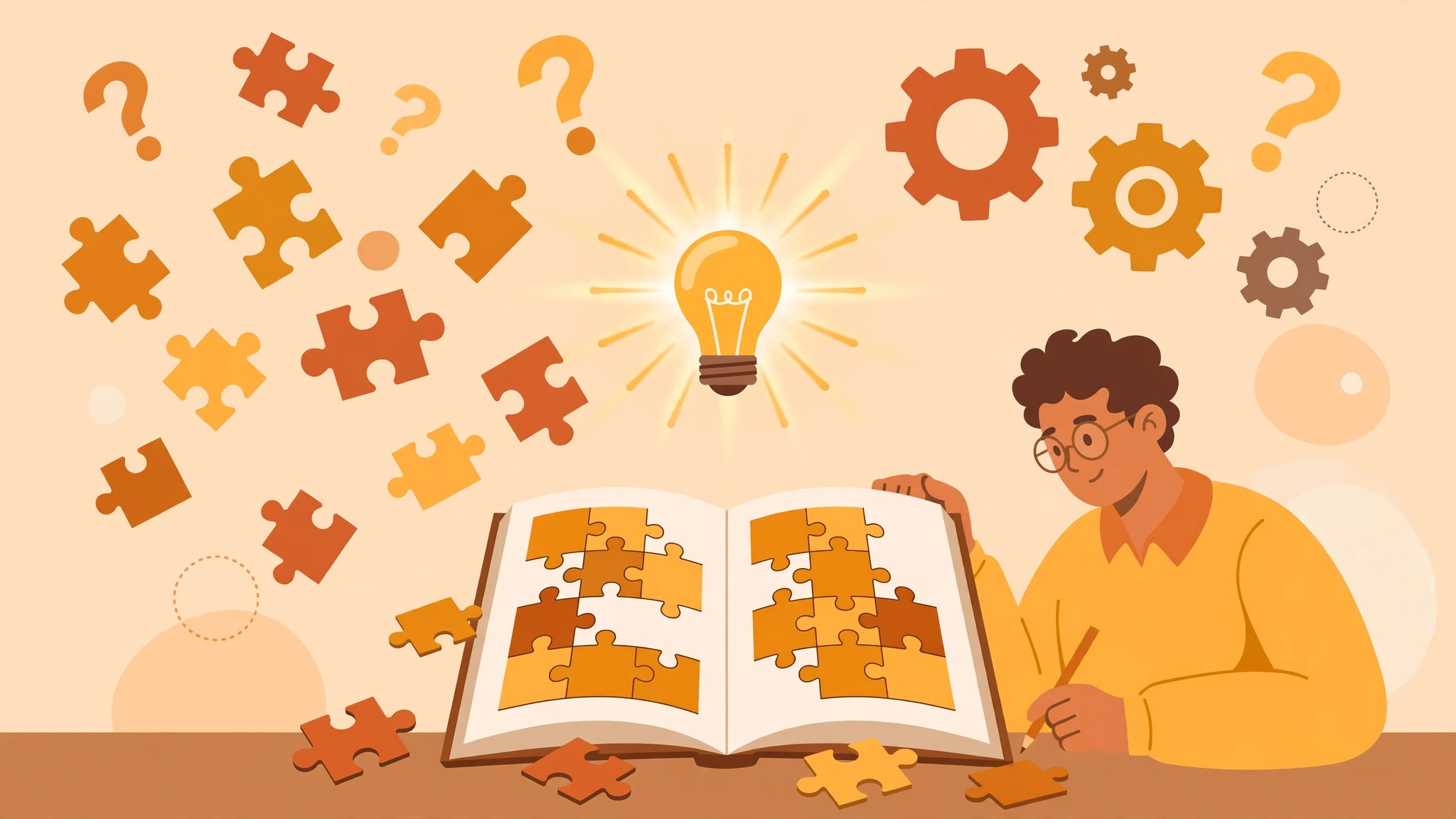 Flat illustration of an adult solving brain teaser puzzles with gears, question marks, and puzzle pieces