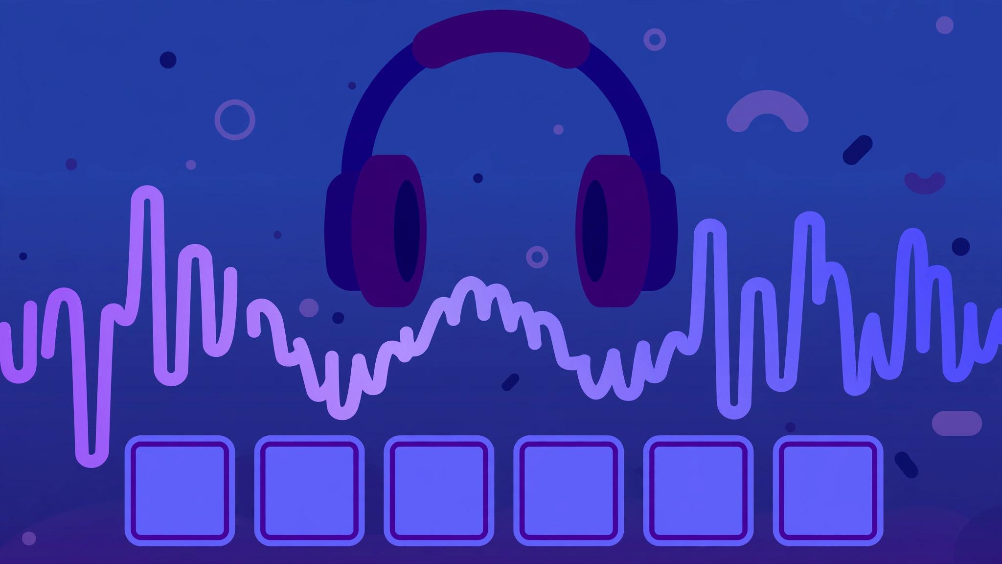 Flat illustration of a music guessing game concept with headphones, sound waves and a BTS-style song title guessing interface