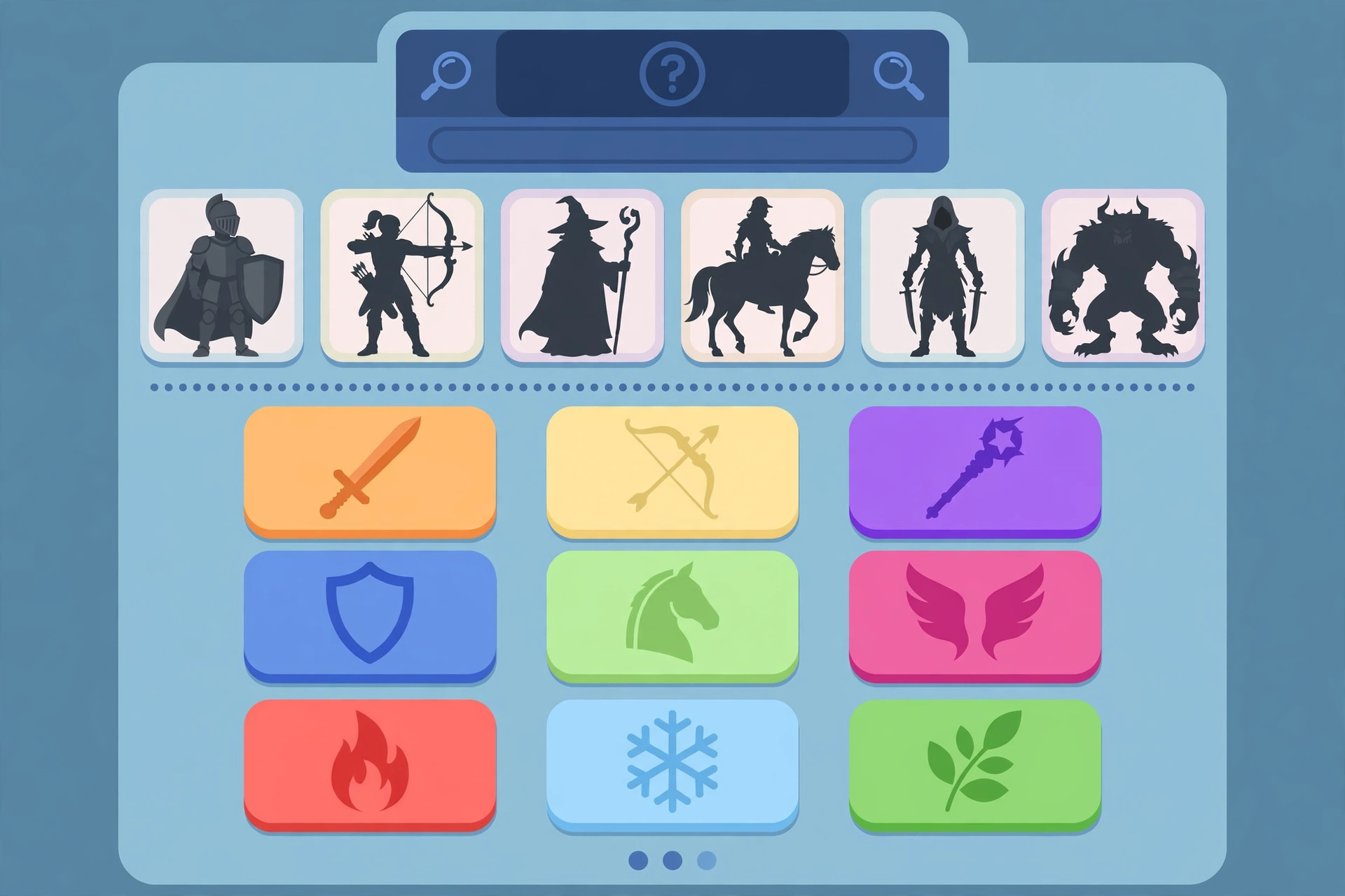 Mobile strategy game themed guessing puzzle graphic with fantasy troop silhouettes and attribute tiles, flat design with no text