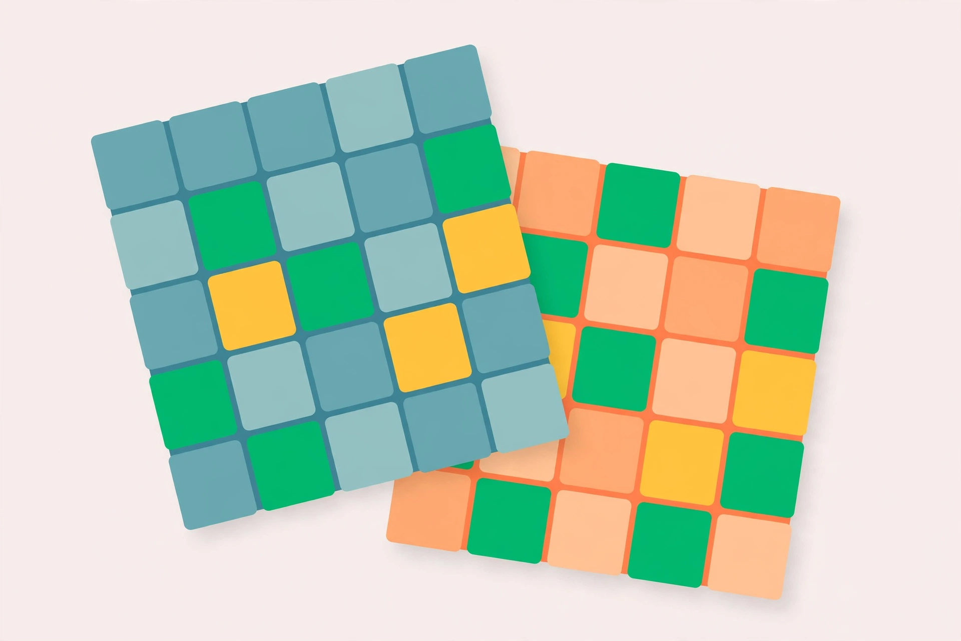 Two overlapping Wordle-style letter tile grids with green and yellow tiles, multiplayer word game concept, flat design graphic with no text