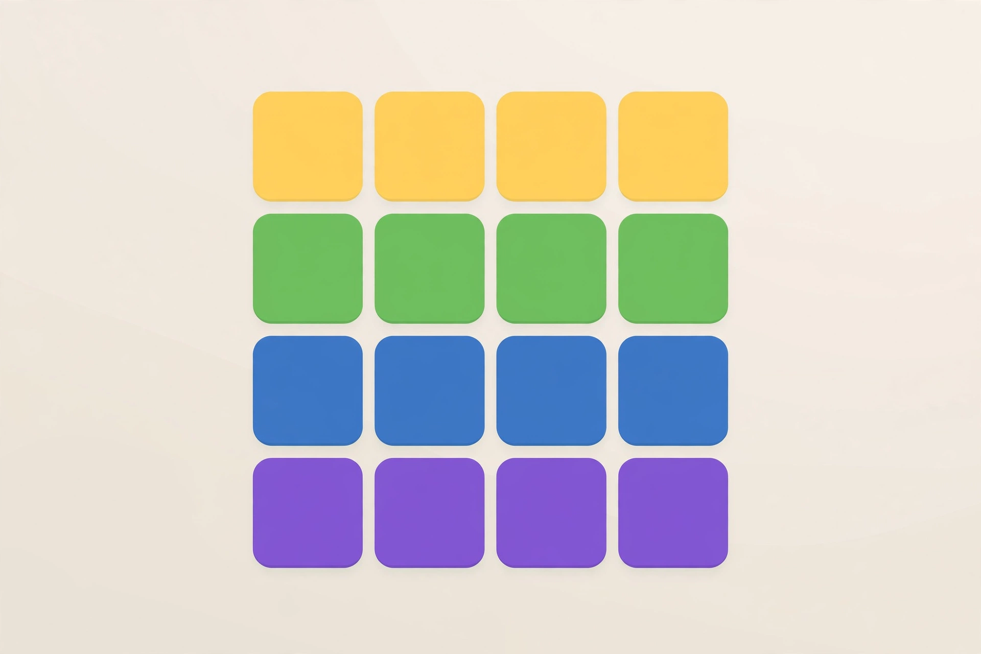 Flat illustration of a Connections-style puzzle grid with yellow, green, blue, and purple tile rows