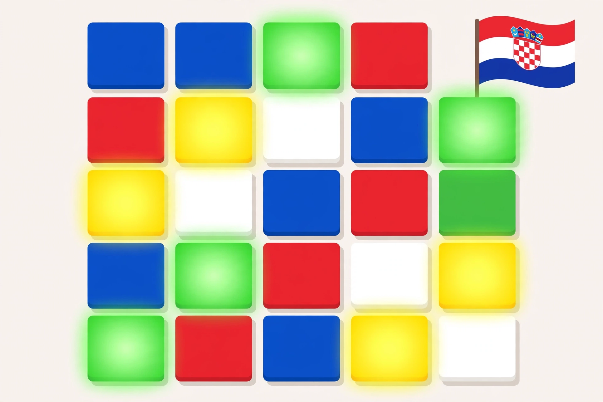 Flat illustration of a Croatian-themed Wordle letter tile grid in red, white and blue with a small Croatian flag, no text