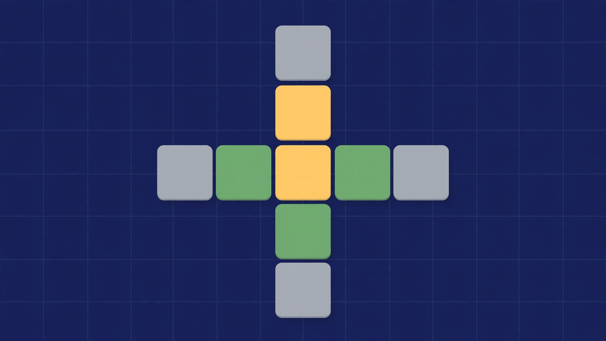 Flat illustration of a crossword-style grid with green yellow and grey word tiles intersecting at the center
