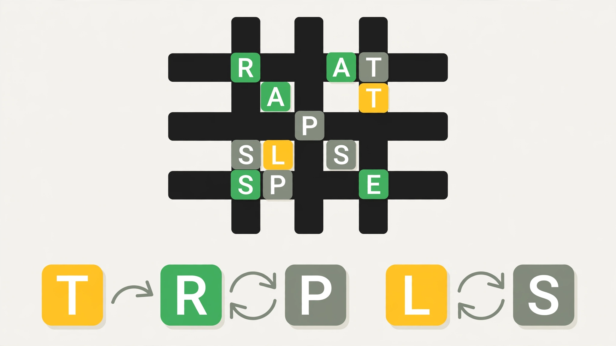 Flat illustration of the Crosswordle game grid with scrambled letters and green yellow clues