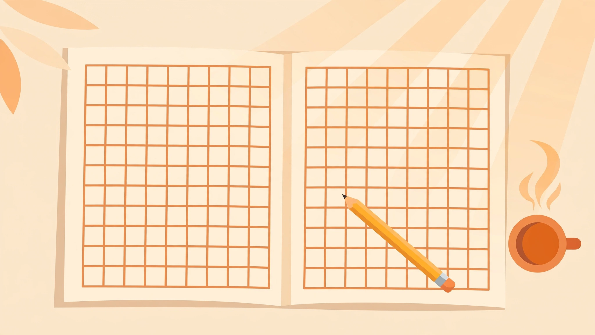 Flat illustration of a daily crossword grid with a coffee cup beside it