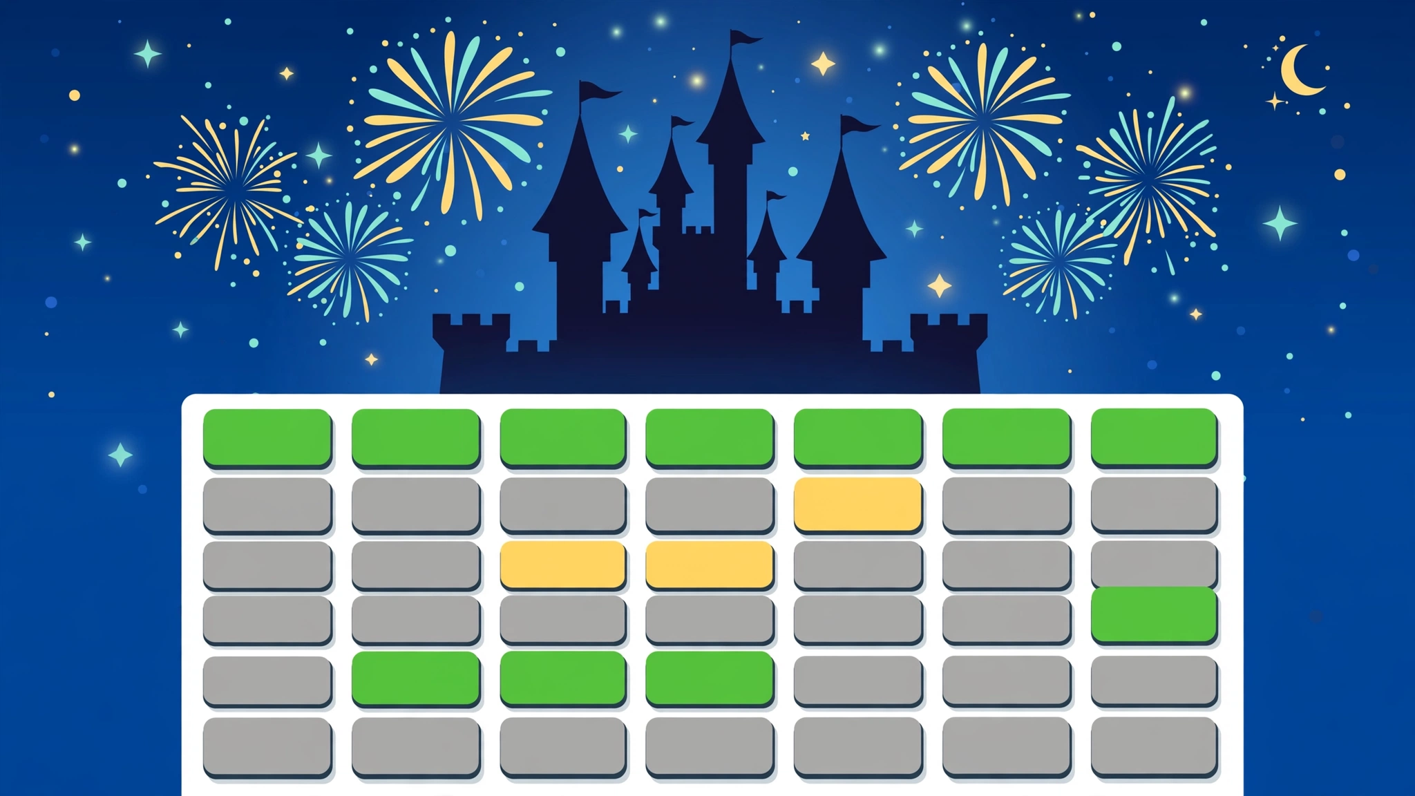 Disney Wordle concept art with green letter tiles and a fairy-tale castle silhouette