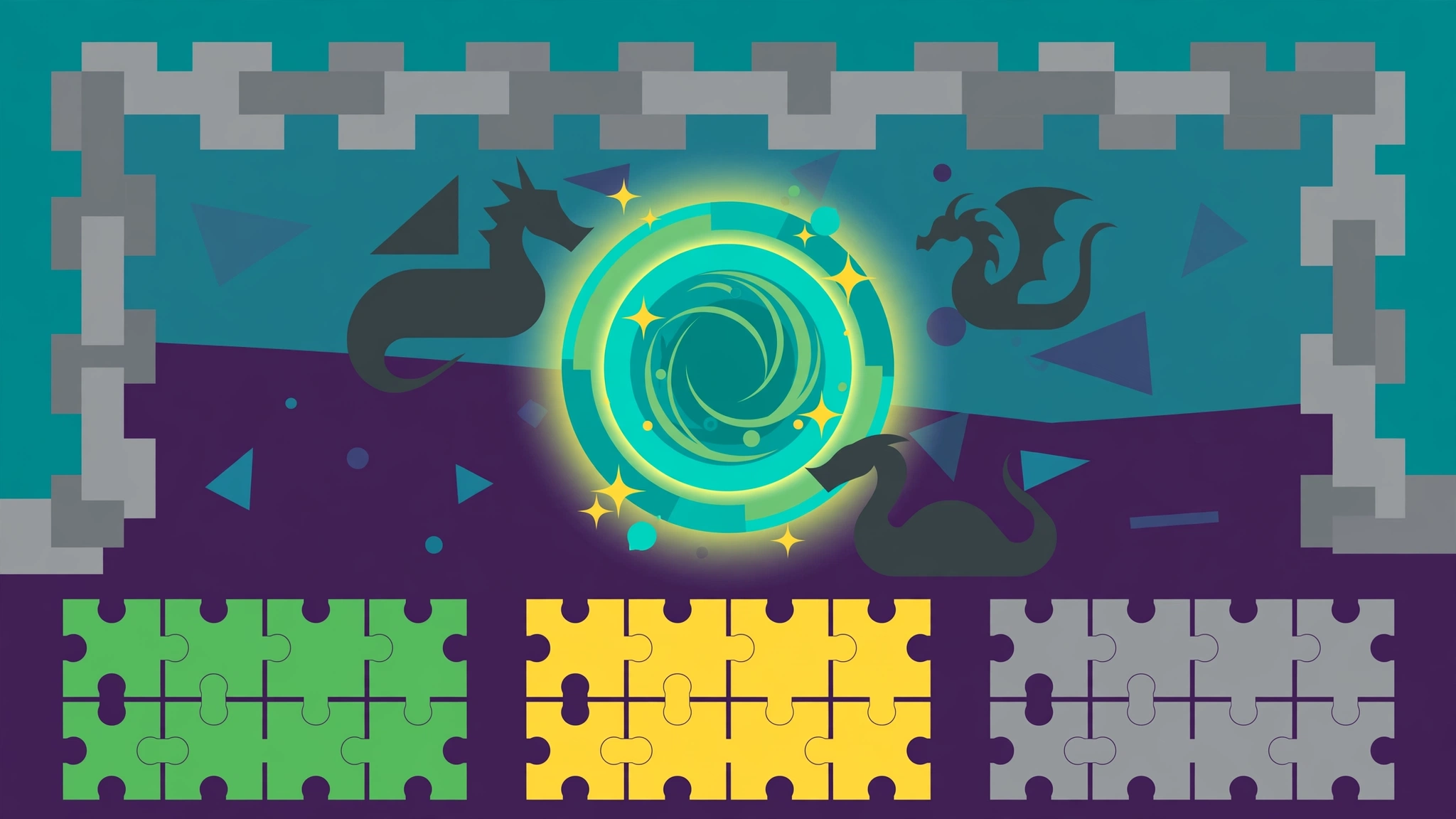 Abstract flat-design illustration of a fantasy dungeon and guessing game tiles representing the Dndle D&D Wordle game