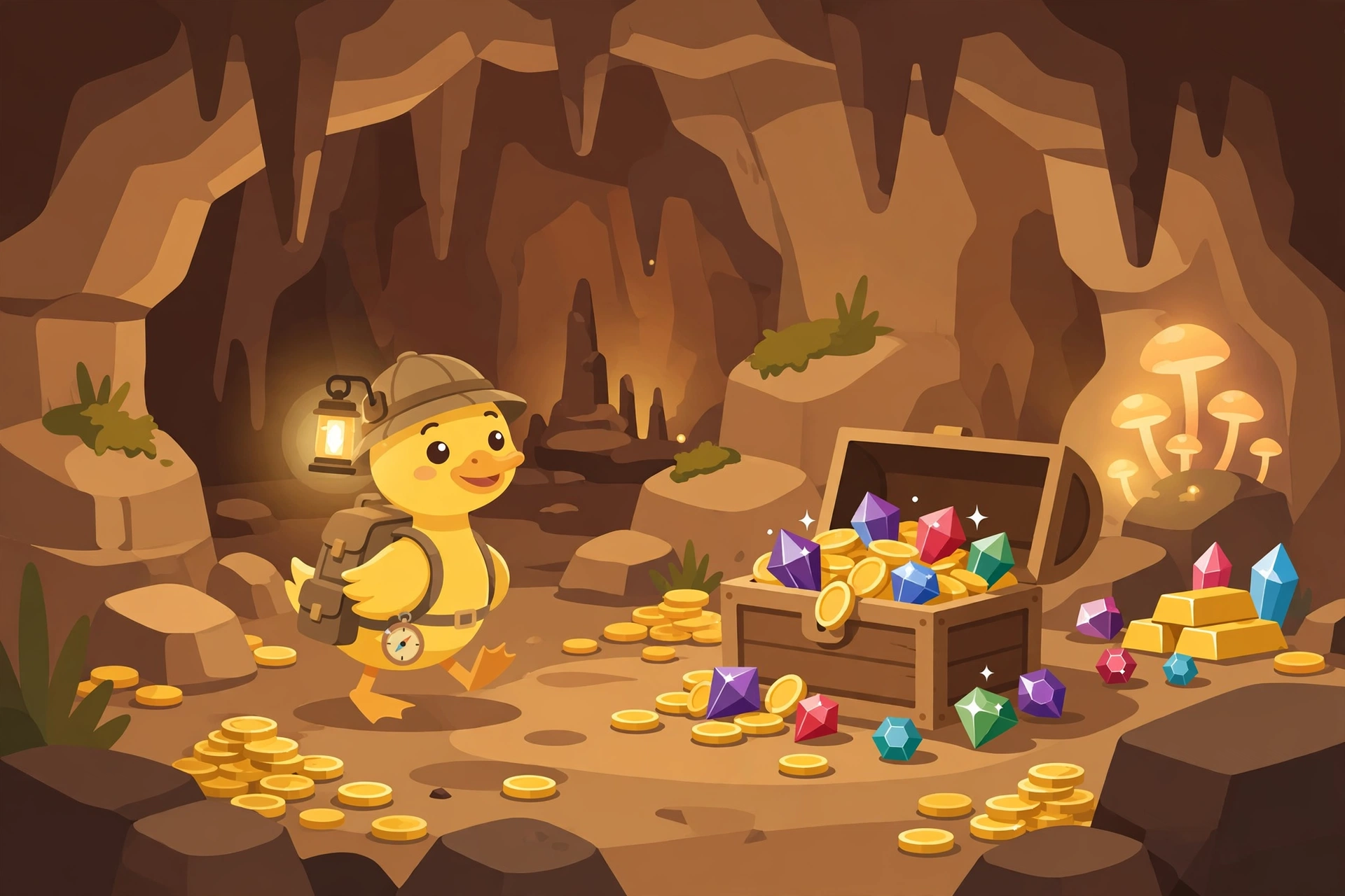 Cartoon duck exploring a treasure-filled cave in Duck Life Treasure Hunt