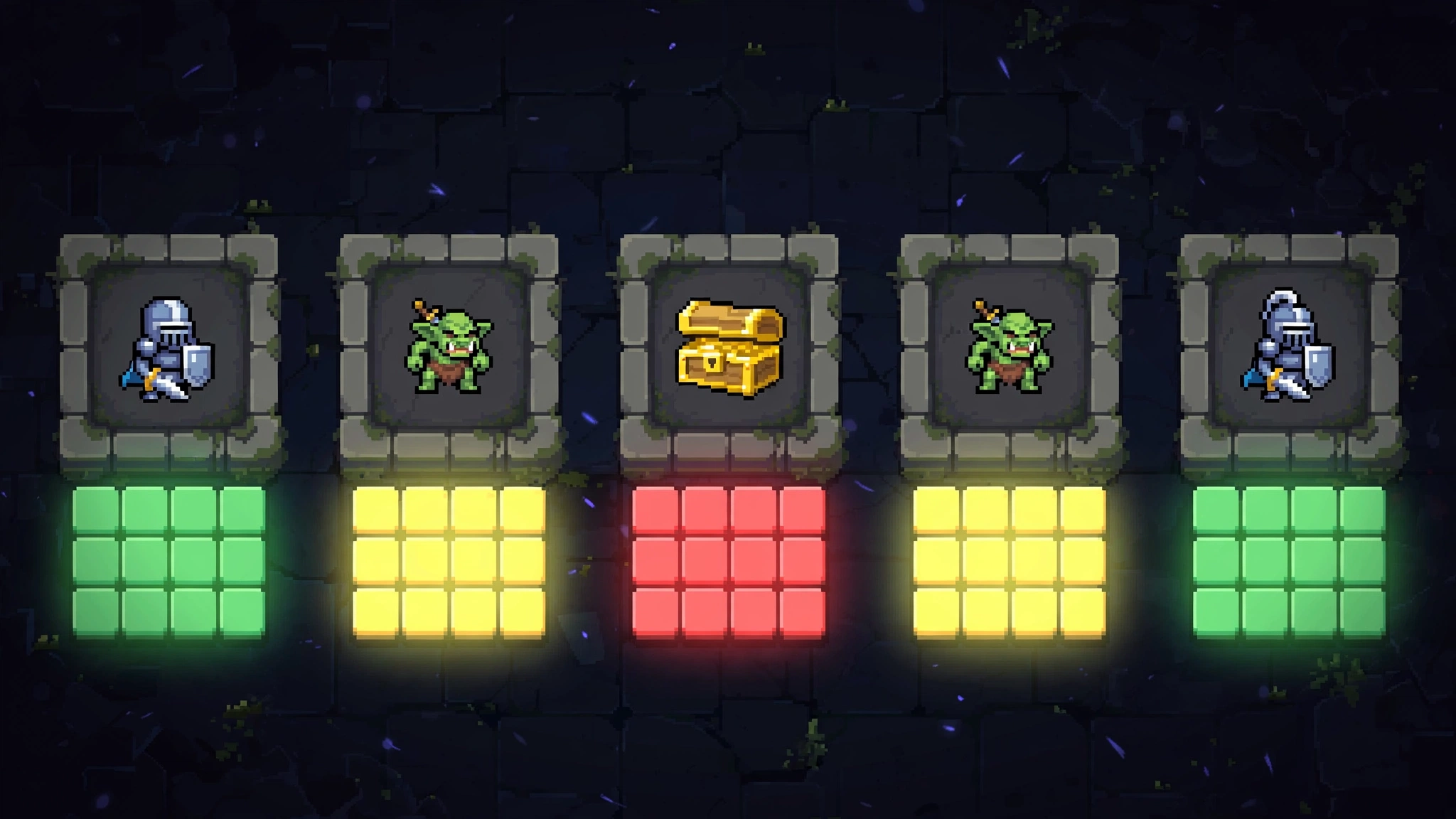 Dungleon game showing a pixel-art dungeon layout with hero, monster and treasure icons in five slots