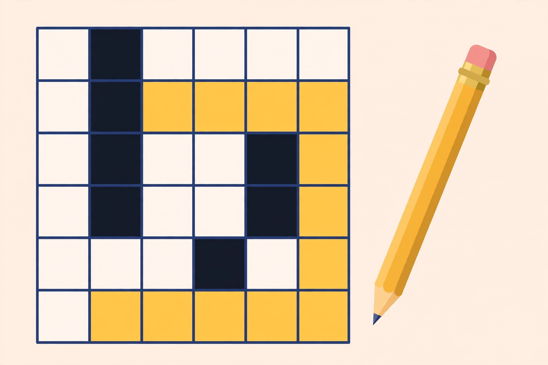 A crossword puzzle grid with highlighted answer slots and a pencil, flat vector illustration with no text