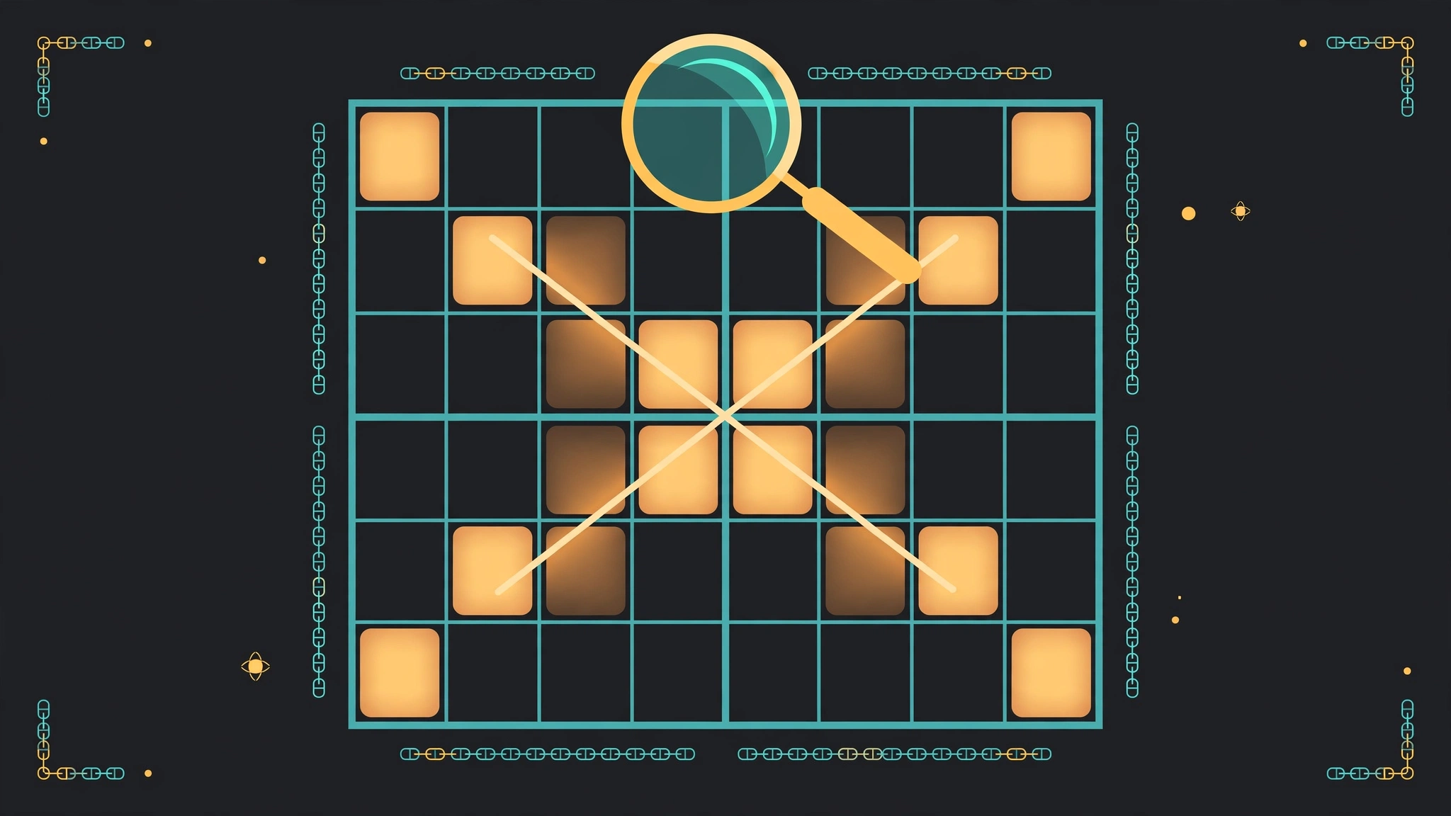 Flat illustration of an expert sudoku grid with highlighted candidate patterns