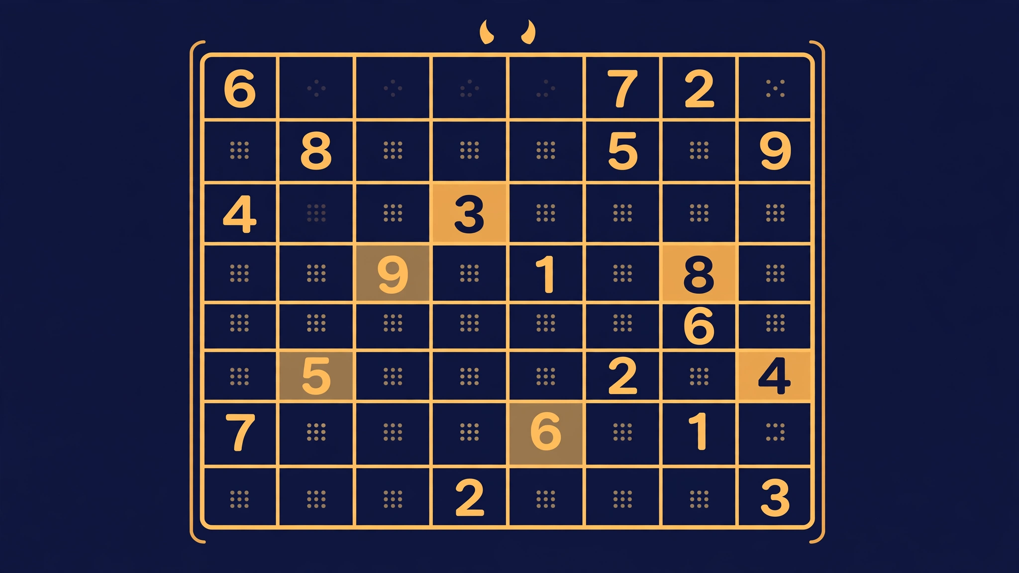 Flat illustration of a fiendish-level sudoku grid with highlighted cells