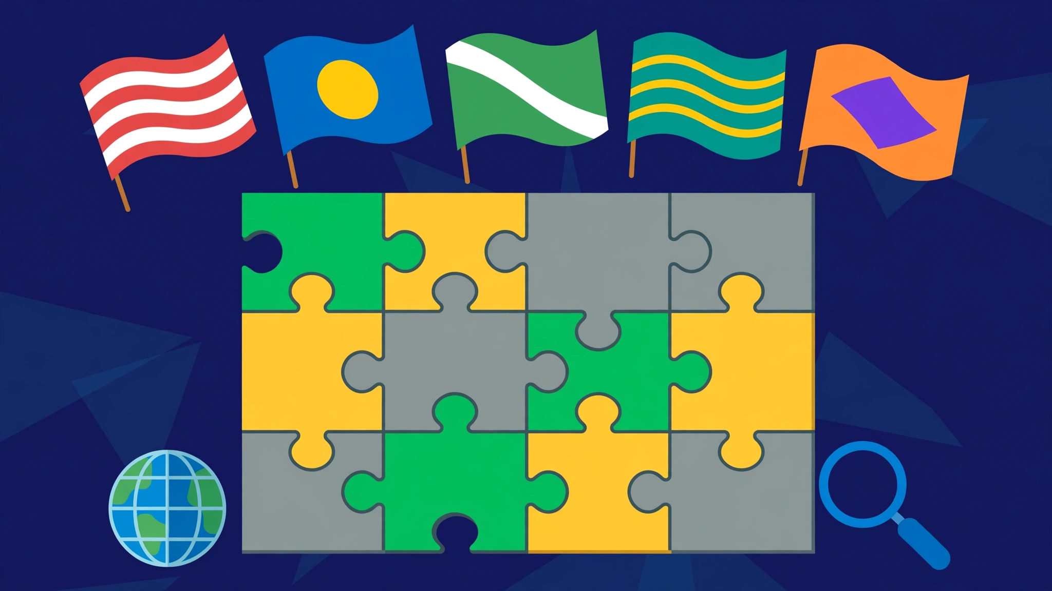 Colorful national flags and puzzle tiles illustrating the Flagle daily flag guessing game