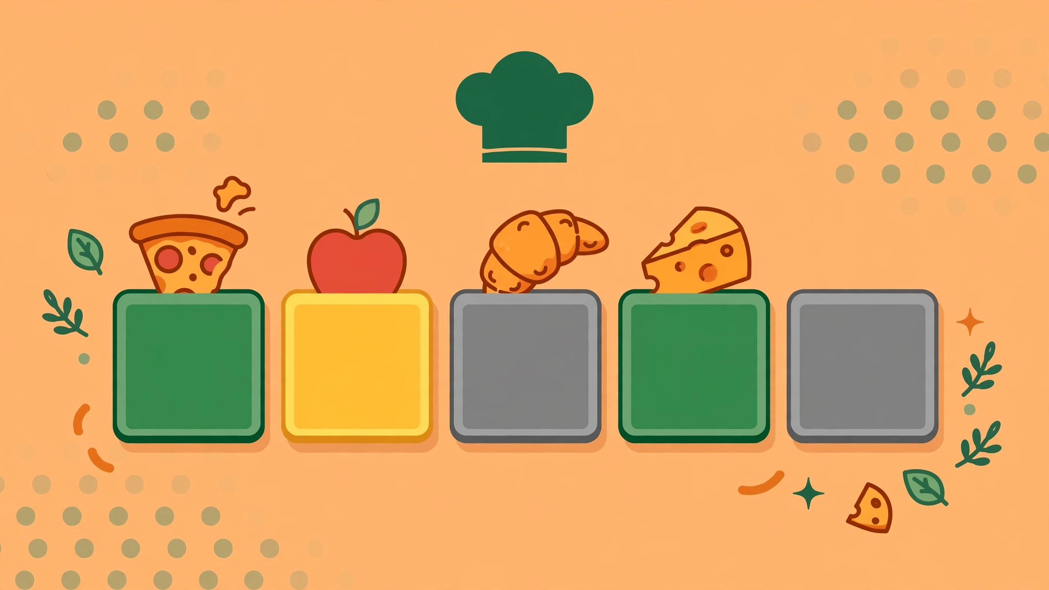 Flat illustration of the Foodle Unlimited food word guessing game with letter tiles and food icons