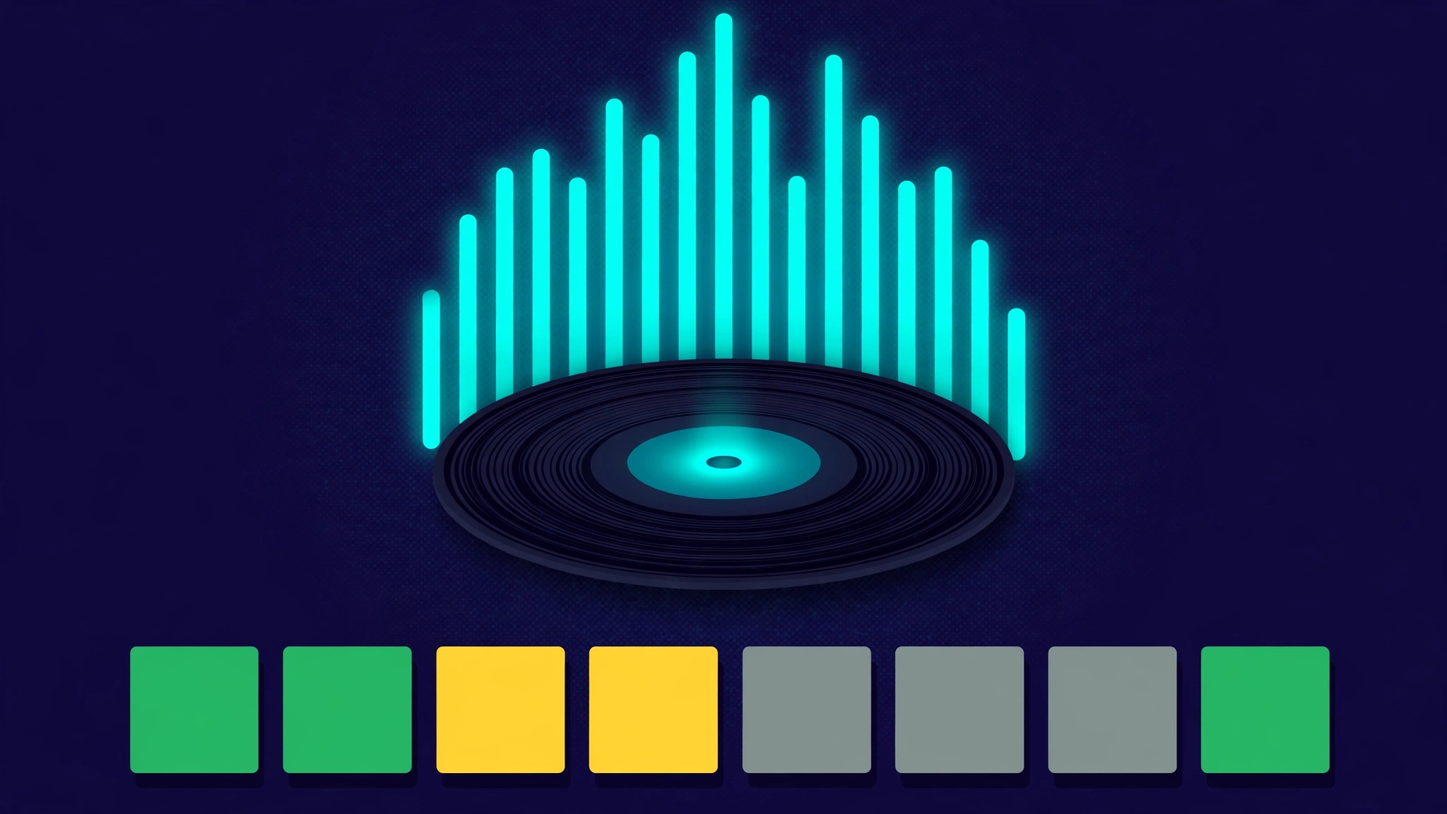 Flat illustration of a Frank Ocean Heardle game screen with vinyl record, sound-wave bars and green/yellow/grey score tiles