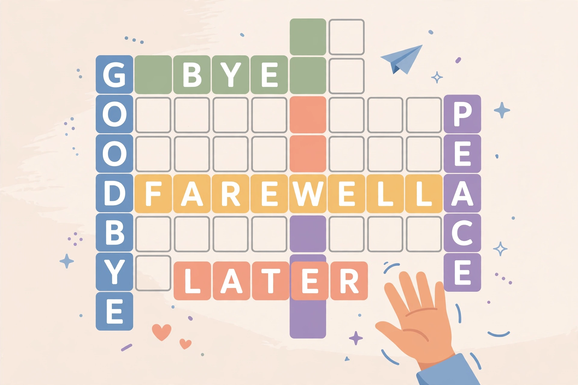Crossword puzzle grid with letter tiles spelling farewell words, flat vector illustration with no text