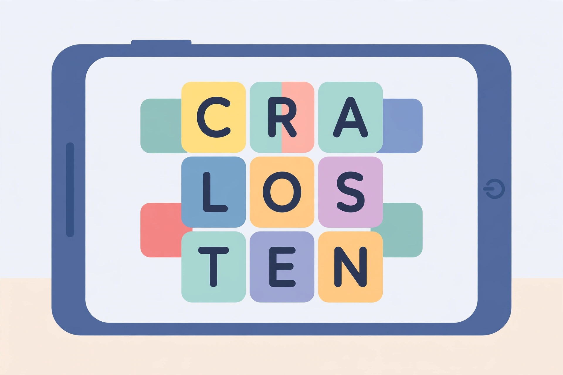 A smartphone showing a word puzzle app with letter tiles arranged in a hashtag grid pattern, flat vector illustration with no text