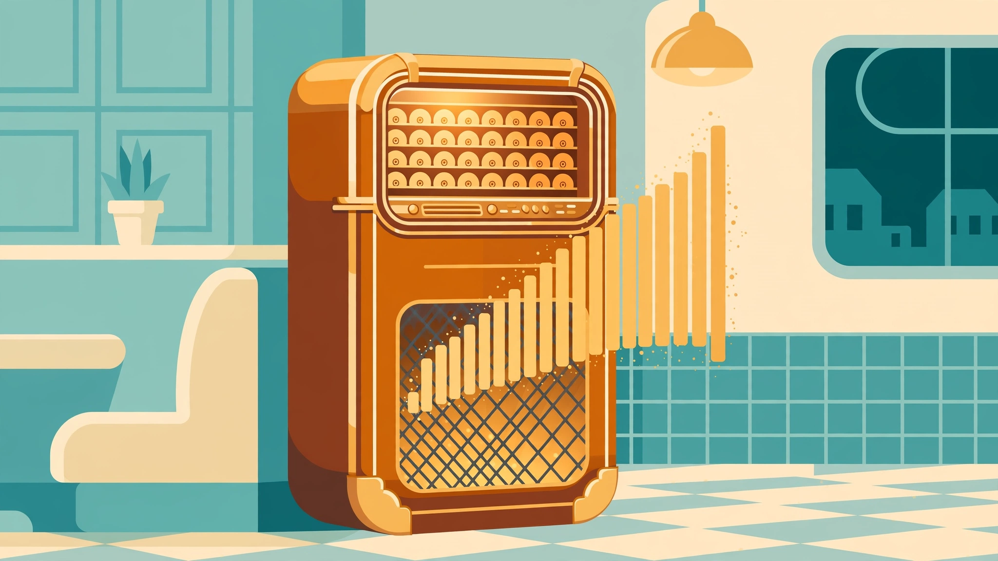 A flat-design illustration of a 1950s jukebox with a song-intro audio wave
