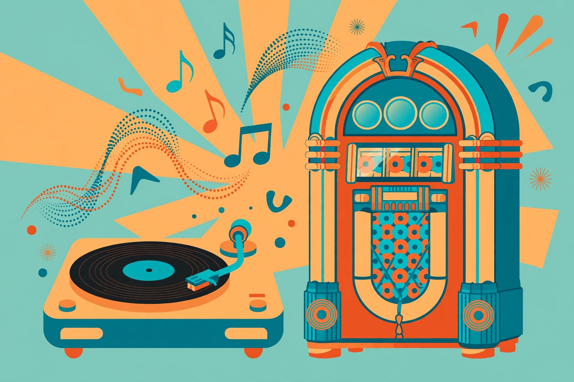Retro flat-design illustration of a vinyl record, jukebox and floating musical notes