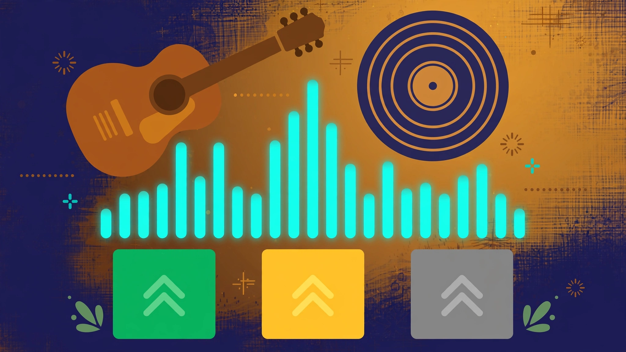 Illustrated country music Heardle game concept with guitar, vinyl record and sound-wave tiles on a rustic background