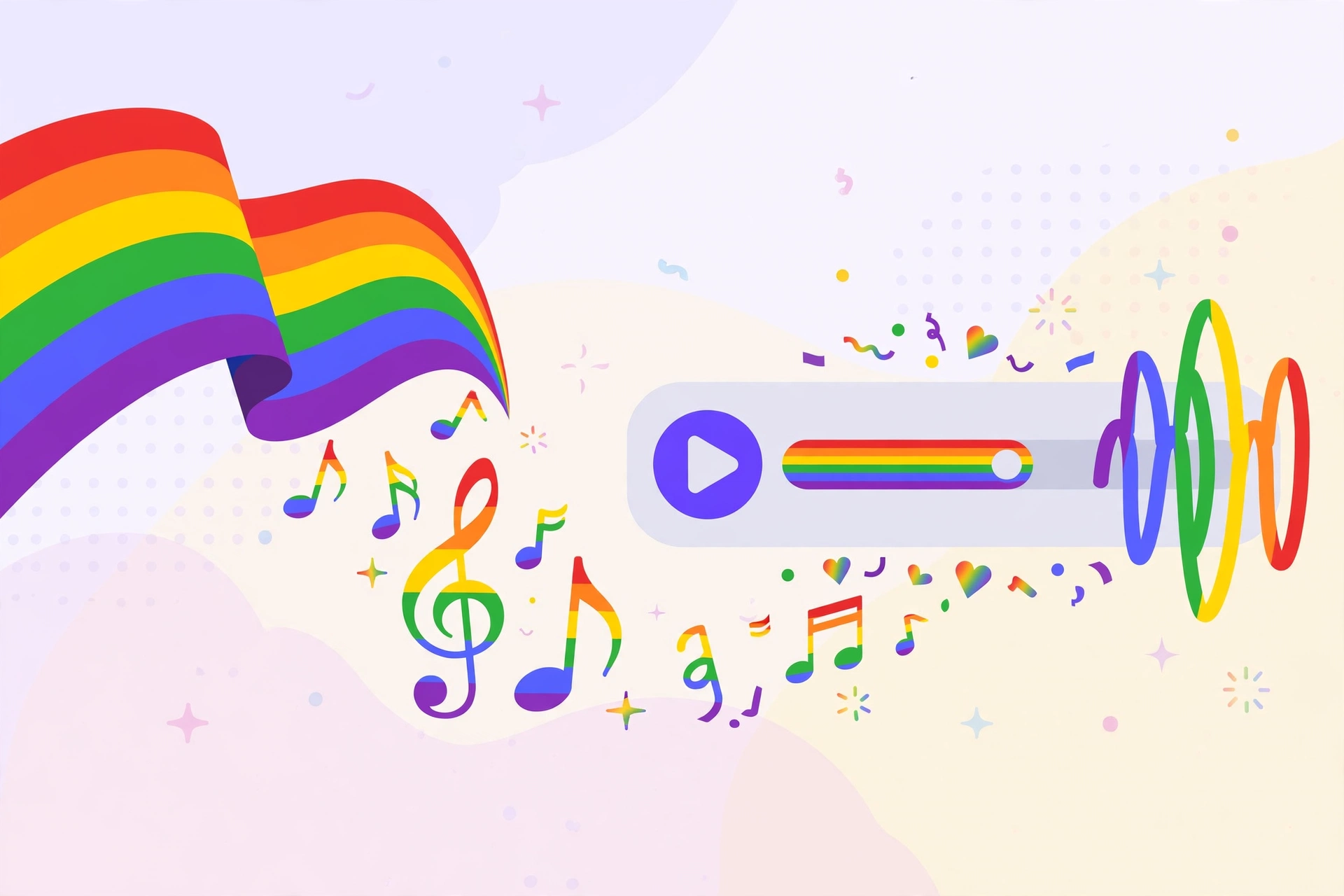 Flat illustration of a rainbow flag combined with a music player and sound waves