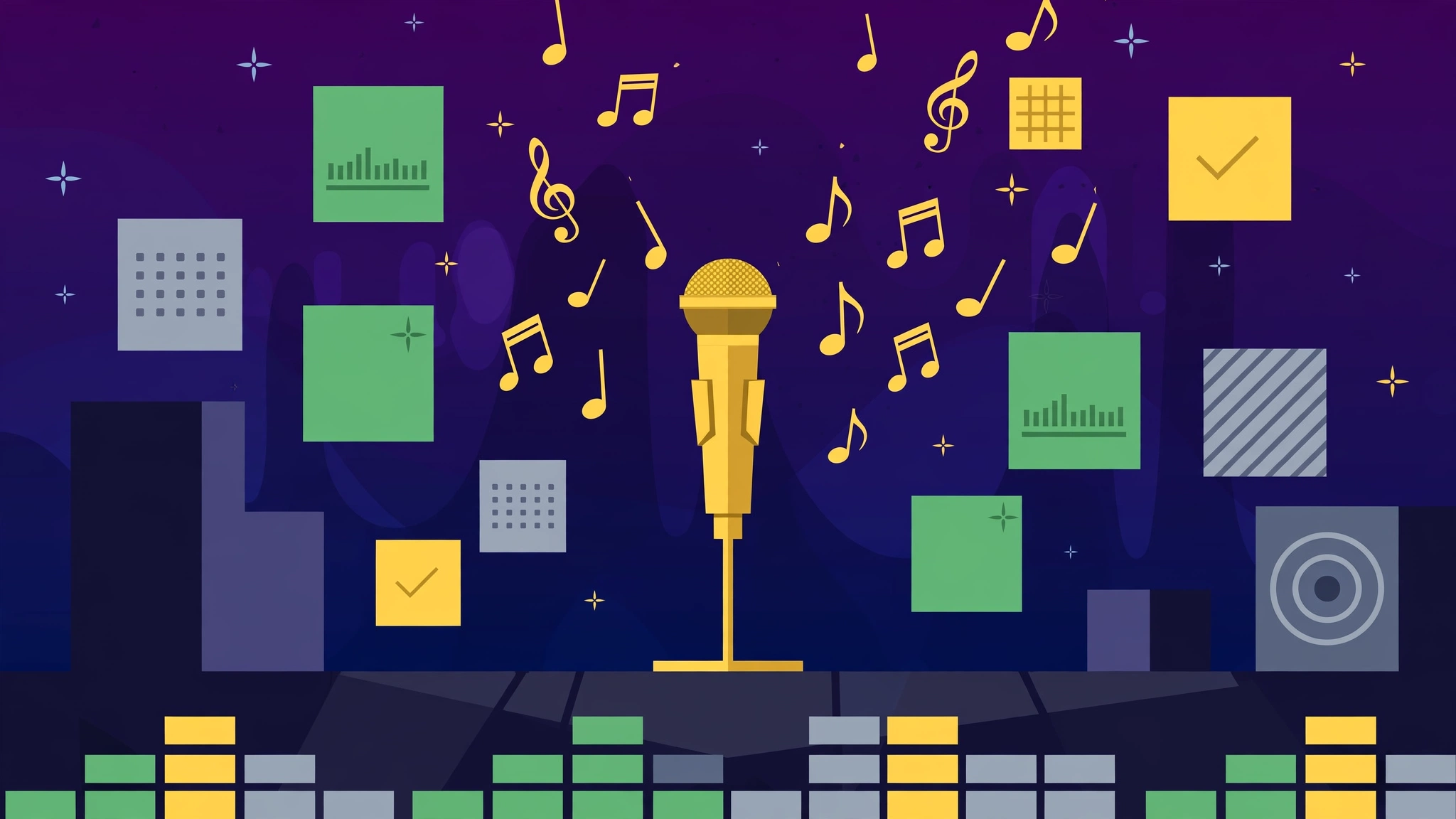 Heardle Rap Unlimited game concept — green, yellow and grey score tiles with gold music notes and a microphone on a dark stage background