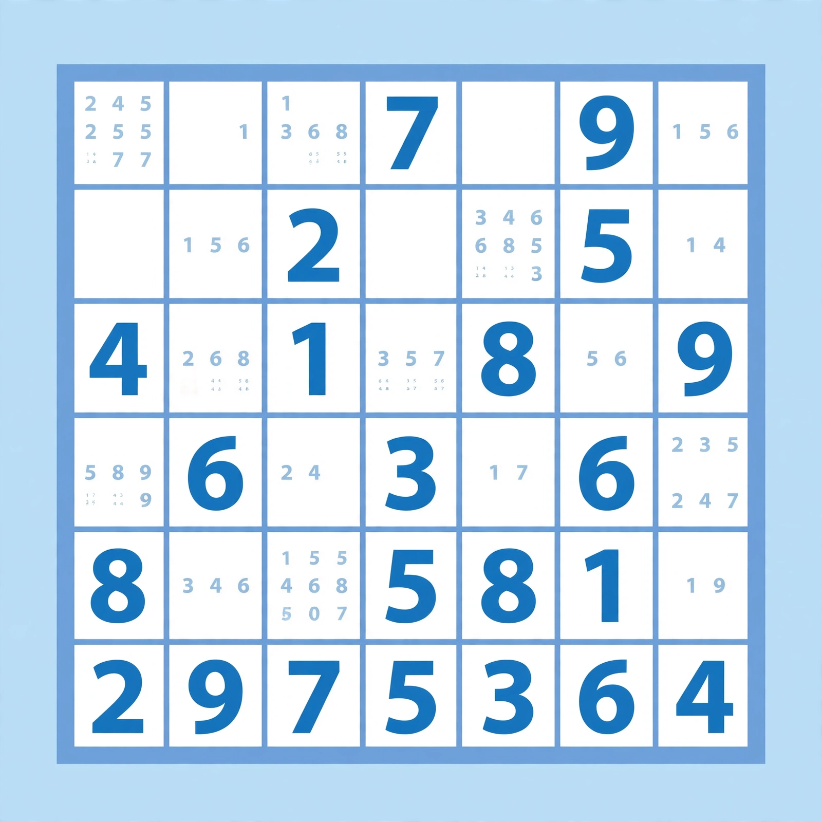 A 9x9 Sudoku grid being solved with small pencil-mark candidate numbers in empty cells