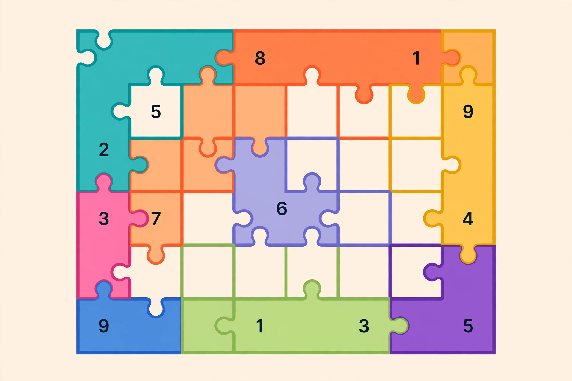 Sudoku grid with irregular jigsaw-shaped regions outlined in bold colours
