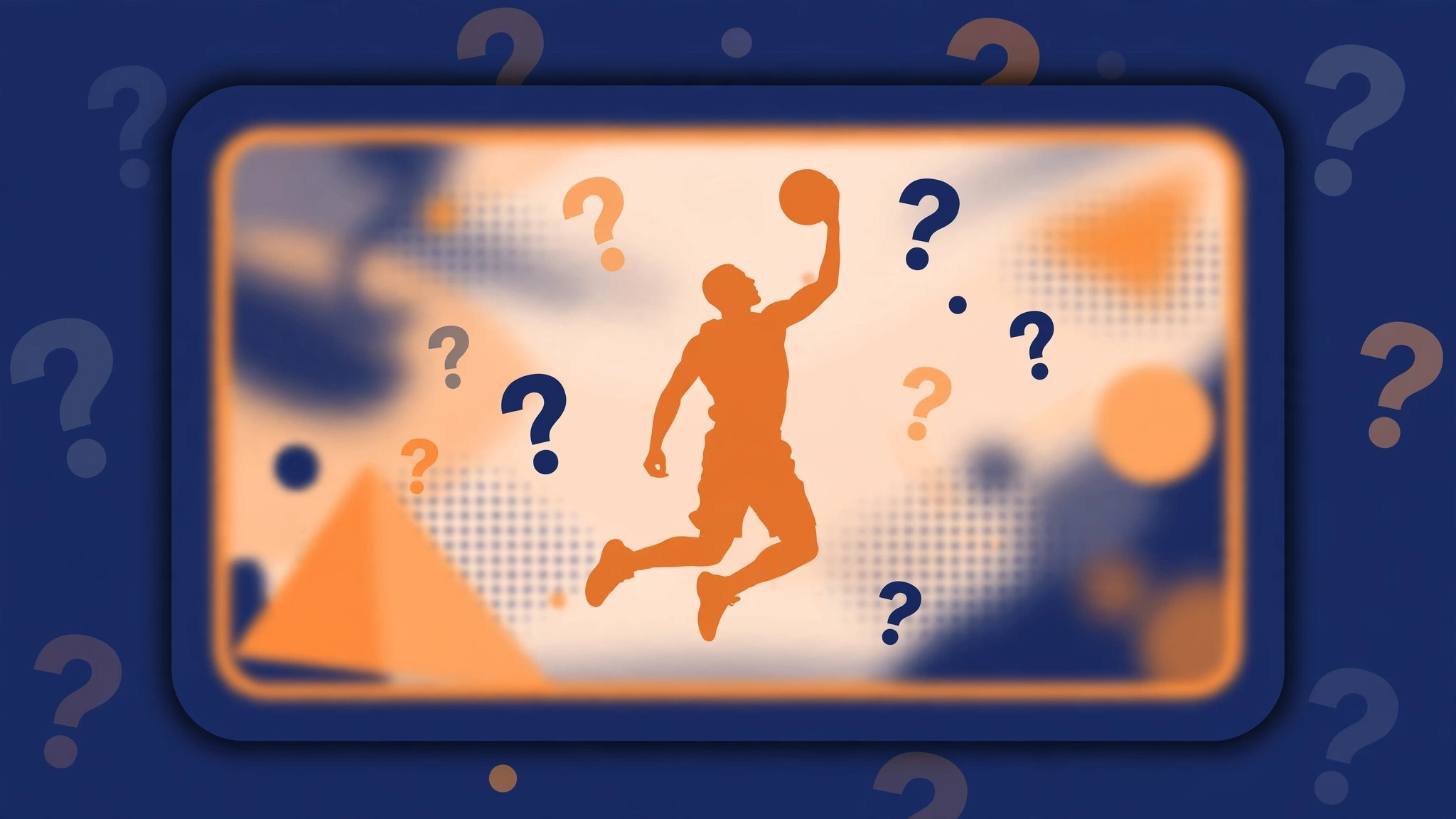 Flat illustration of a basketball player silhouette mid-jumpshot with a blurred video frame and quiz-style question marks