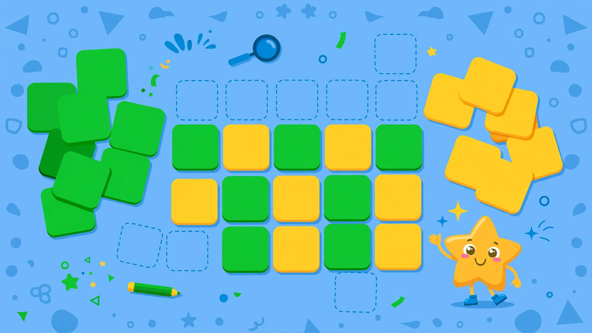 Colourful flat illustration of a children's word-guessing game with big letter tiles