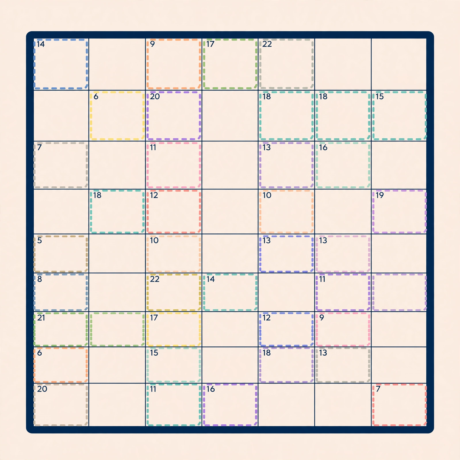 A killer sudoku grid with dashed cage outlines and small sum numbers in cage corners, flat vector puzzle graphic with no text