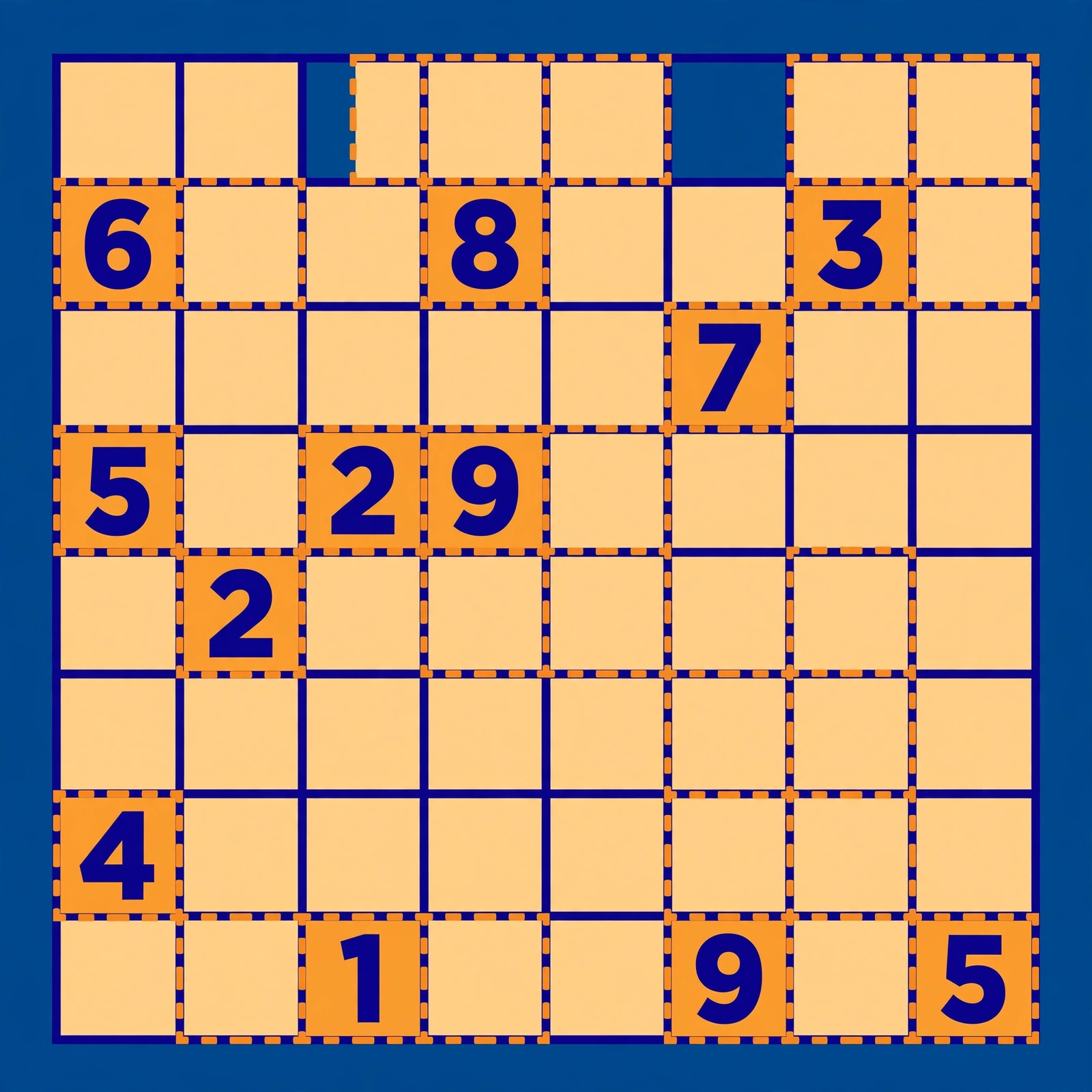 Killer sudoku grid with dashed cage outlines and bold numbers, flat design graphic with no text