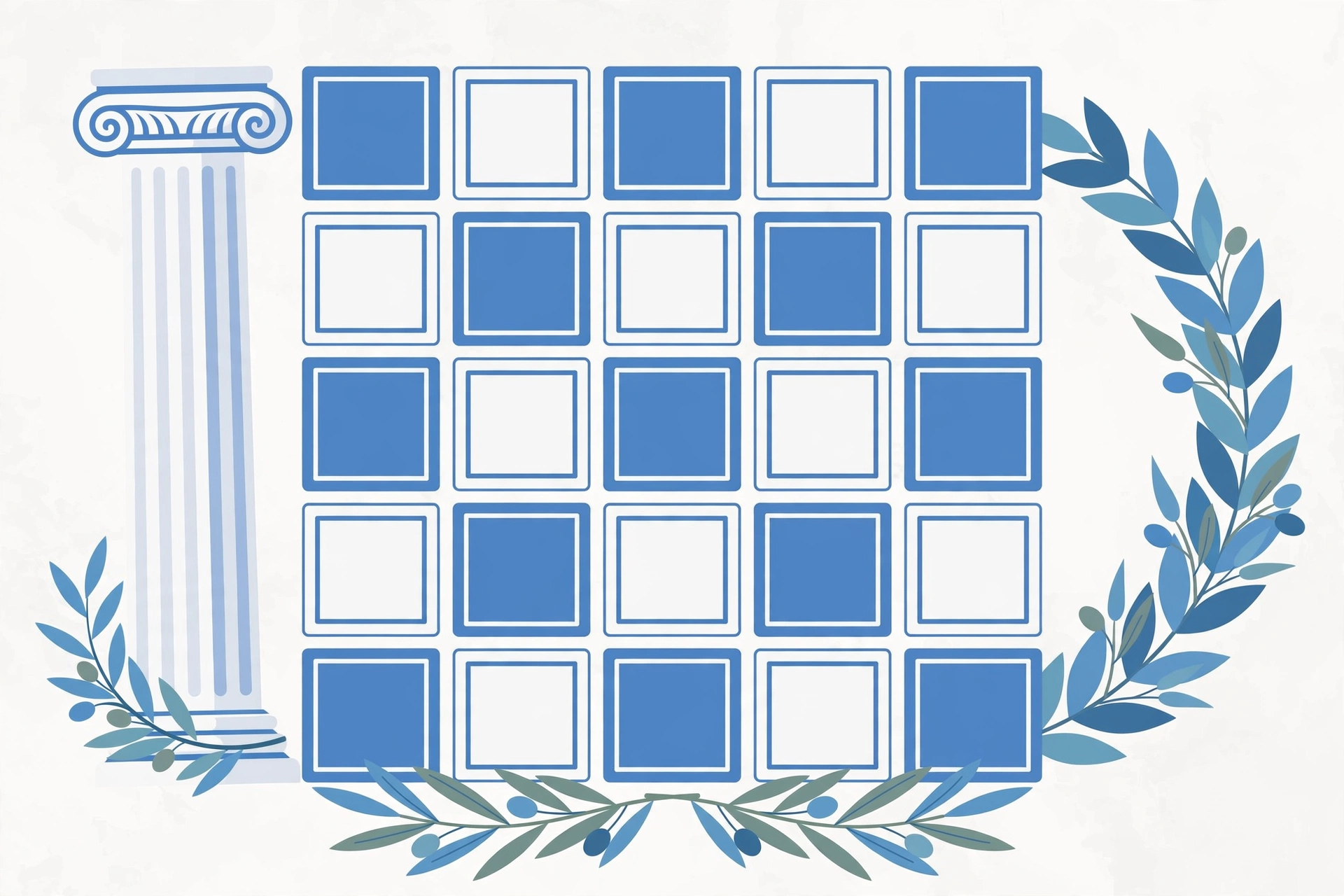 Flat illustration of a Greek-themed word puzzle tile grid in Aegean blue and white with a marble column and laurel wreath, no text