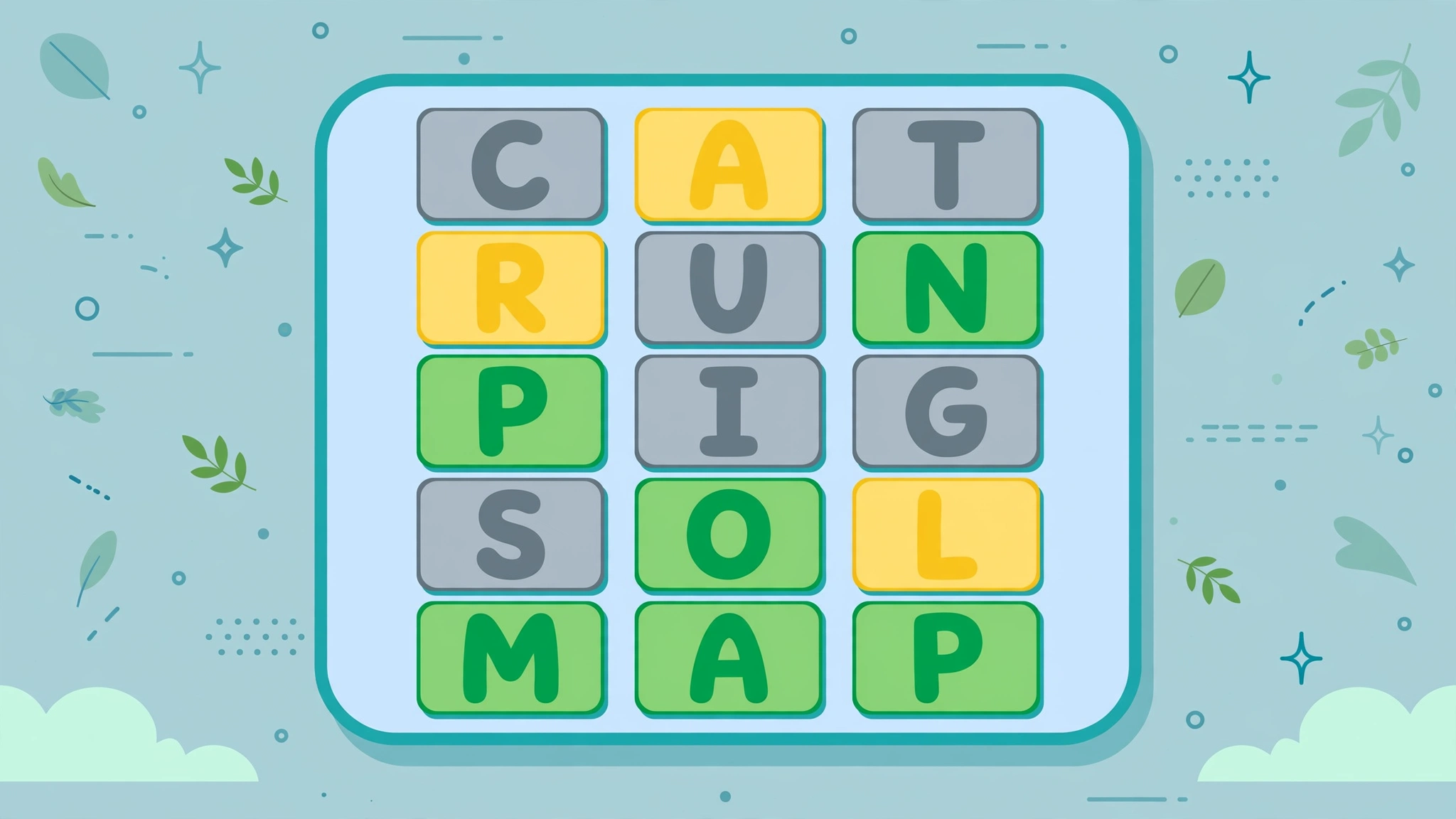 Flat illustration of a three-letter word guessing game with green yellow and grey tiles