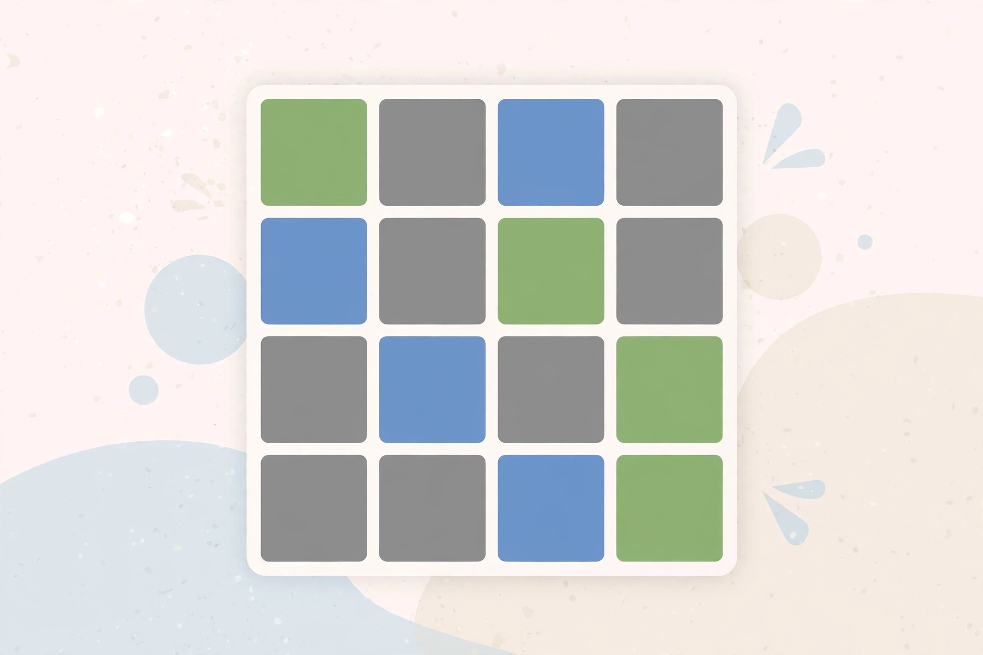 Flat illustration of a small word game grid with green, blue and grey tiles, no text