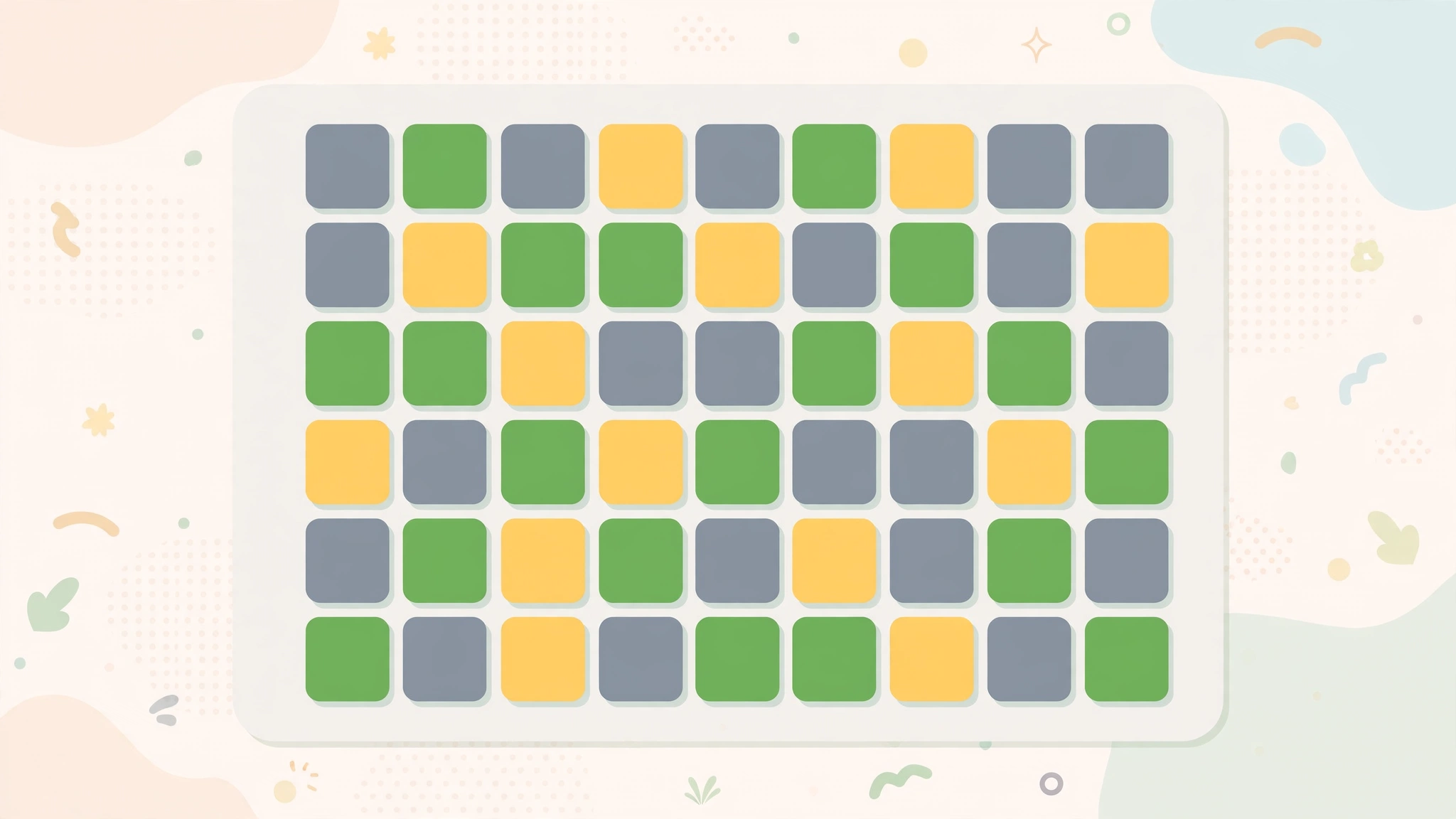 Flat illustration of green, yellow and grey letter tiles in nine-tile rows for the Lingle 9 word game