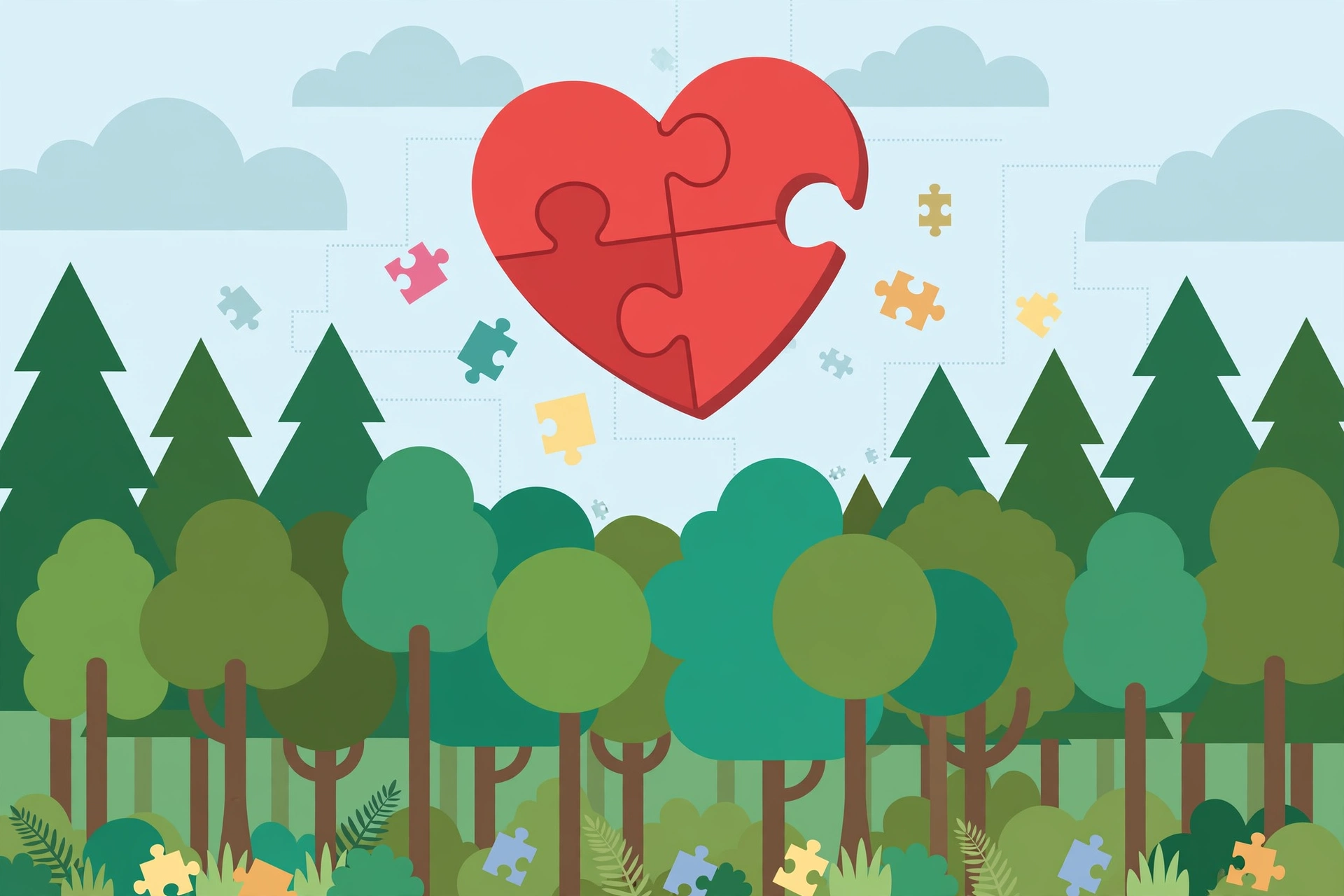 Flat vector forest scene with trees and a large red heart puzzle piece floating above the canopy, no text