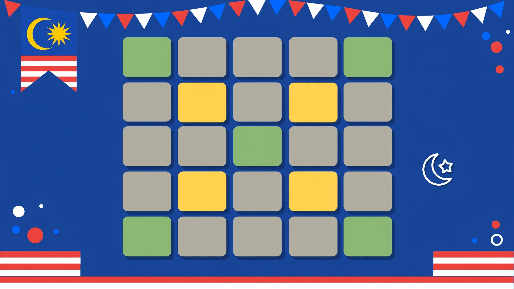 Malay Wordle game concept — green, yellow and grey letter tiles on a blue background with Malaysian flag colours