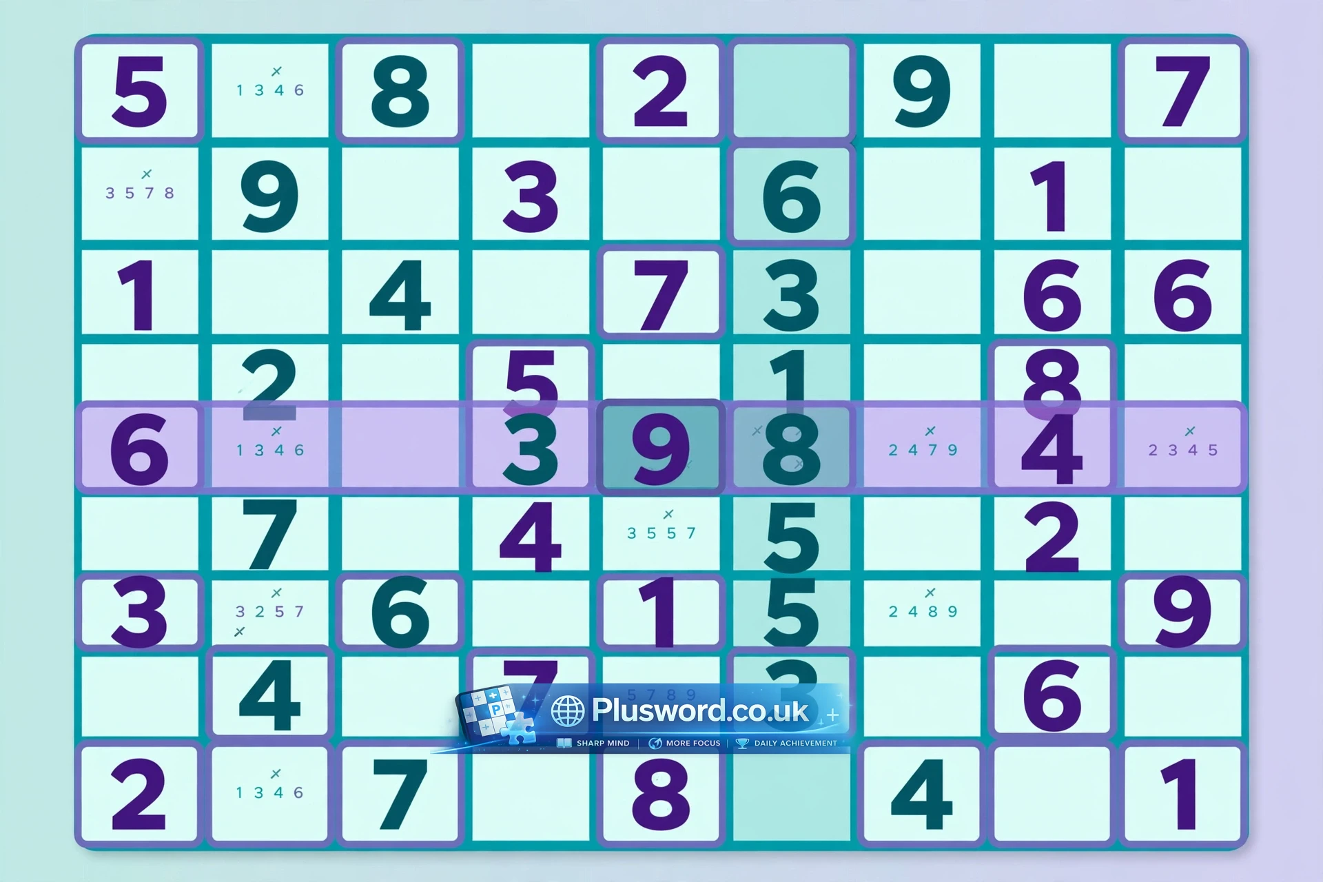 Hard sudoku puzzle grid with pencil marks showing an X-Wing pattern highlighted